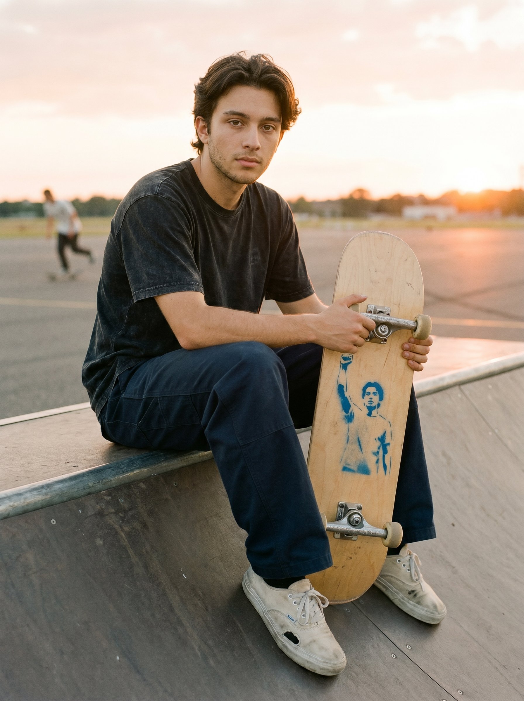 Closeup — Yusuf at the Tempelhofer-Feld asphalt-Mini-Ramp section at 20:36 CEST, his skate-deck flipped underside-up against his right thigh so the faded-blue 1977-Wajda-Birkut-arm-raised-silhouette stencil is readable on the deck-underside, both hands at the deck-edge, the late-May Berlin-sunset light at the right of frame