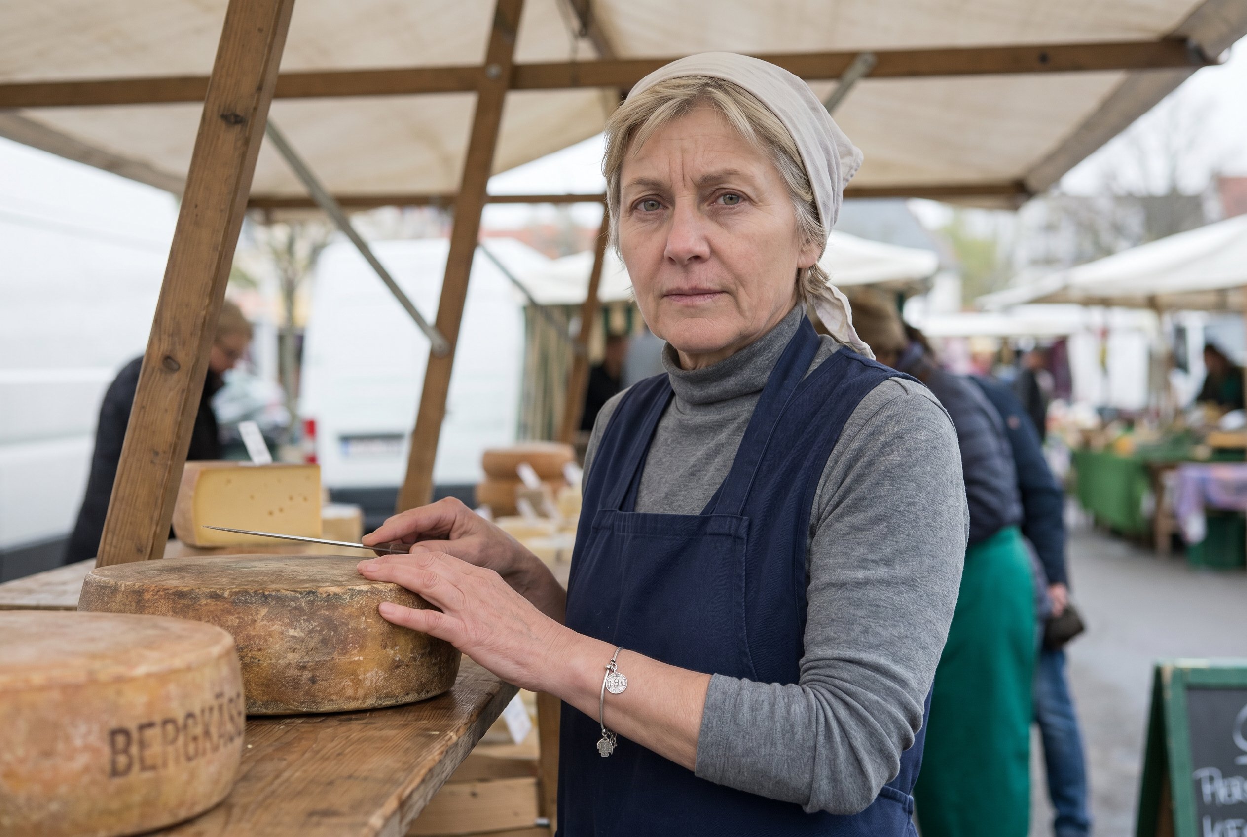 Closeup — Hannelore at her Bergkäserei-Brandenburg-Stand 10:18 CEST Mittwoch-mid-morning, both hands resting on the wooden stand-table between a Bergkäse-wheel and a Tilsiter-block, the right-wrist showing the silver bracelet with the Karl-Marx-Allee-Plattenbau-engraving plus the 1976-Brandenburger-Tor-silhouette