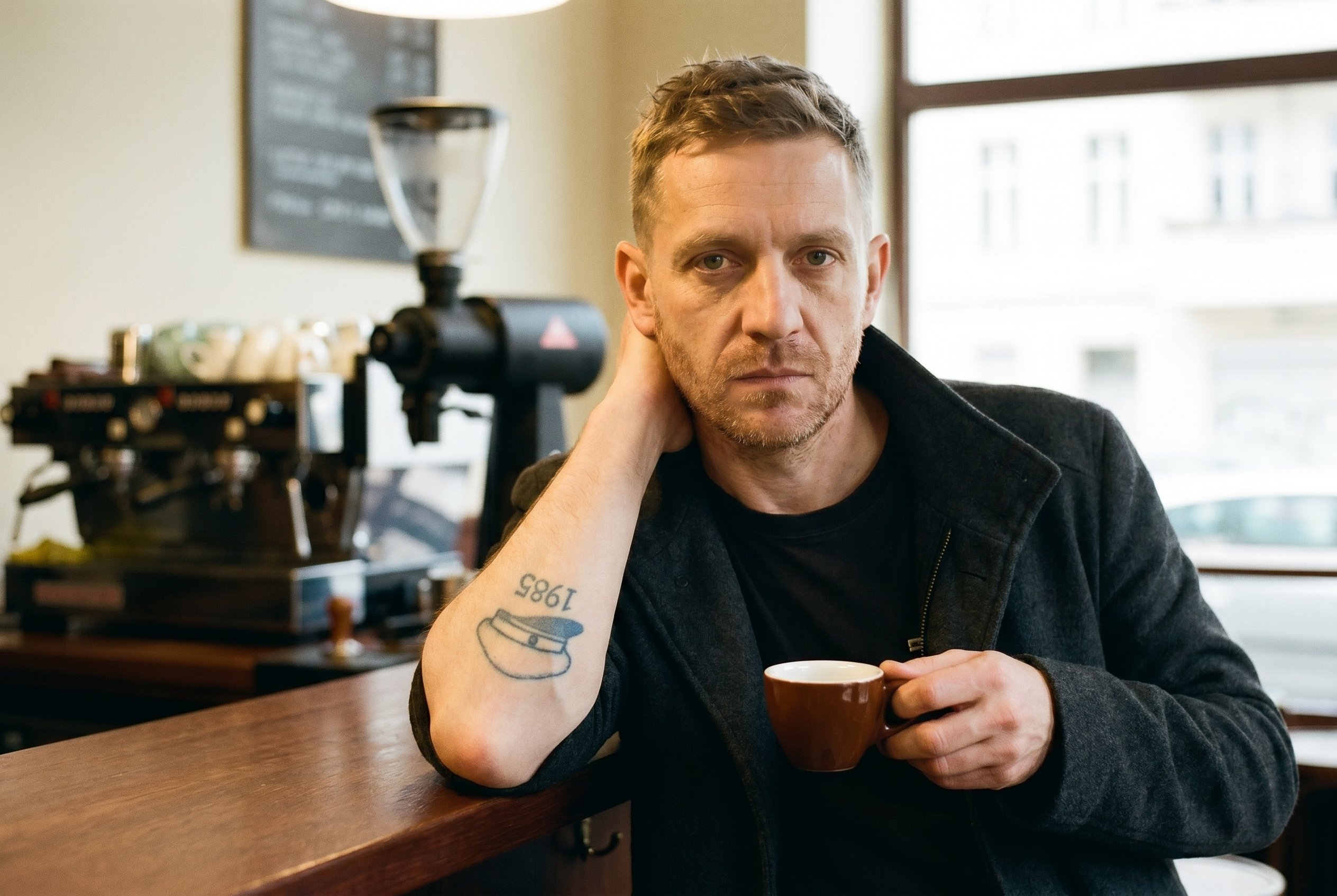 Closeup — Tobias at the Silo Coffee Gabriel-Max-Strasse standing-bar 09:08 CEST Wednesday-mid-morning, leaning on the bar with the espresso-double-shot in the right-hand, the left-inner-elbow turned to show the faded-blue 1985-VEB-Deutsche-Reichsbahn-Schaffner-Mütze-Silhouette-handpoke under the bar-overhead-light