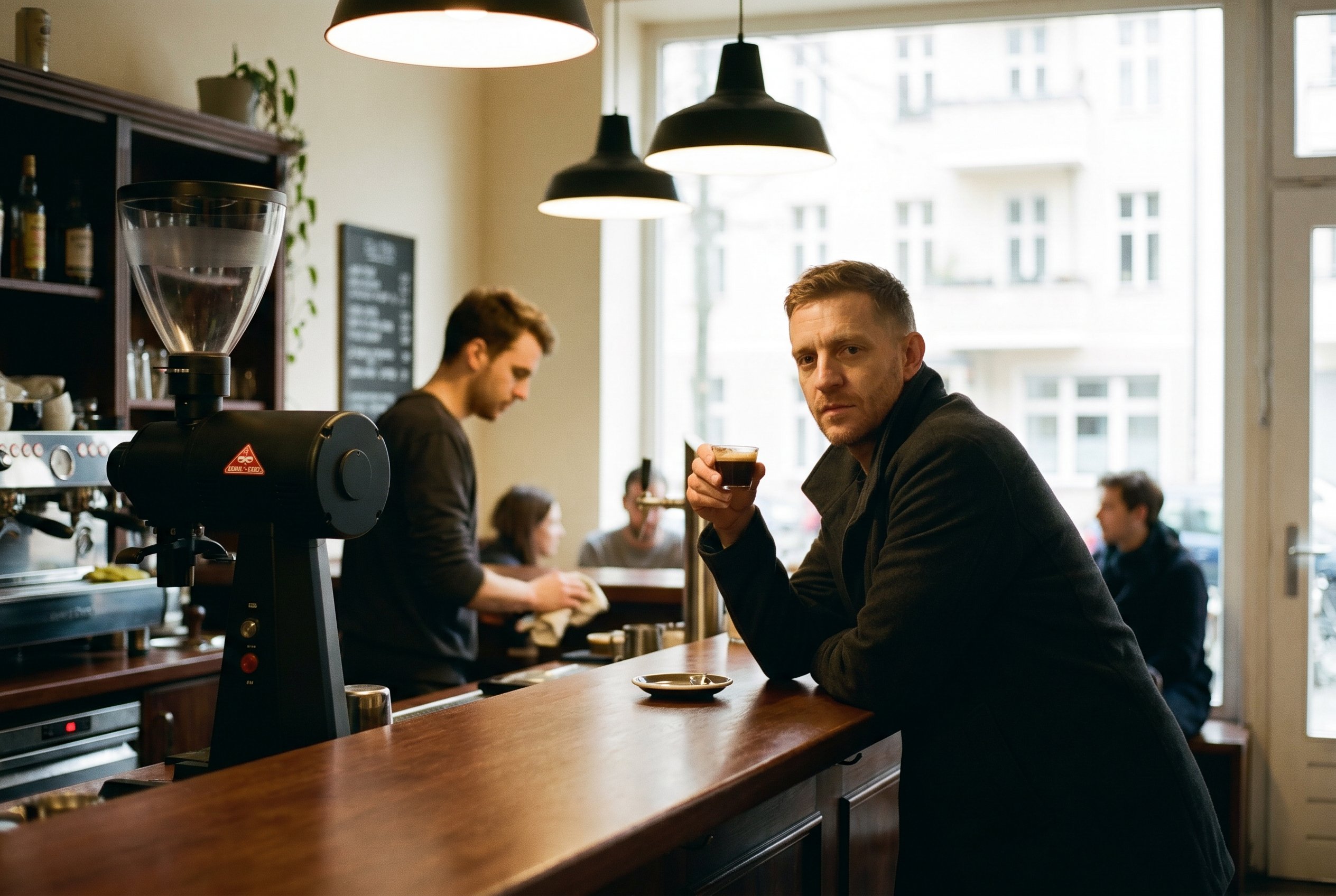 Context — the Silo Coffee bar from a customer-position 09:14 CEST, Tobias at the standing-bar in the post-Tuesday-evening-into-Wednesday-morning specialty-coffee-thinning-crowd, the espresso-machine plus the EK-43-grinder plus the Gabriel-Max-Strasse-window-light in soft-focus