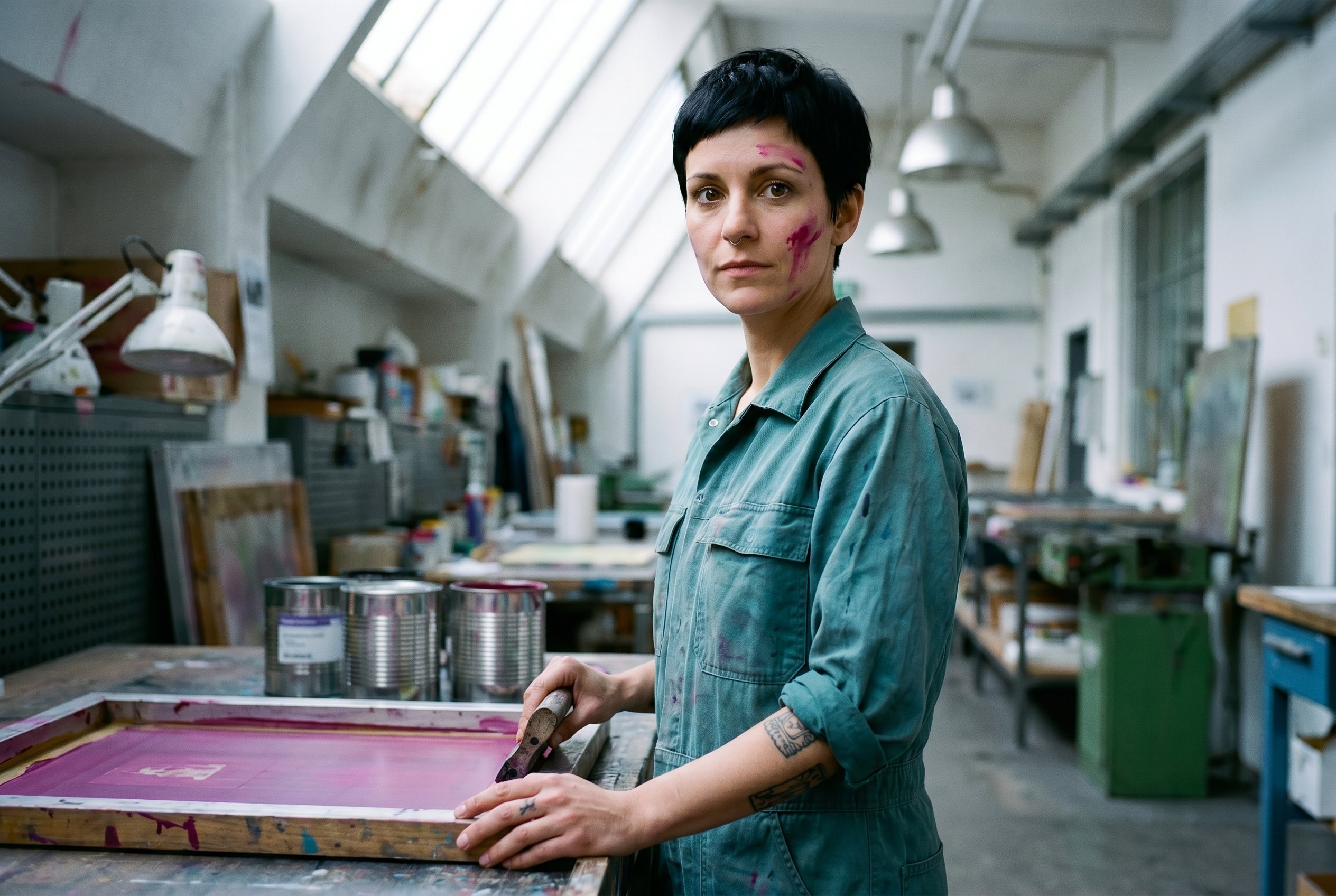 Closeup — Helene at the silk-screen-table in the RAW-Halle-3-corridor 11:38 CEST Wednesday-mid-day, the magenta-stencil-frame in the left-hand plus the squeegee-handle in the right at the working-rest position, the right-inner-forearm showing the Etruscan-Sibyl-glyph-fragment handpoke from the 2014-Antikensammlung-residency with her grandmother Elka
