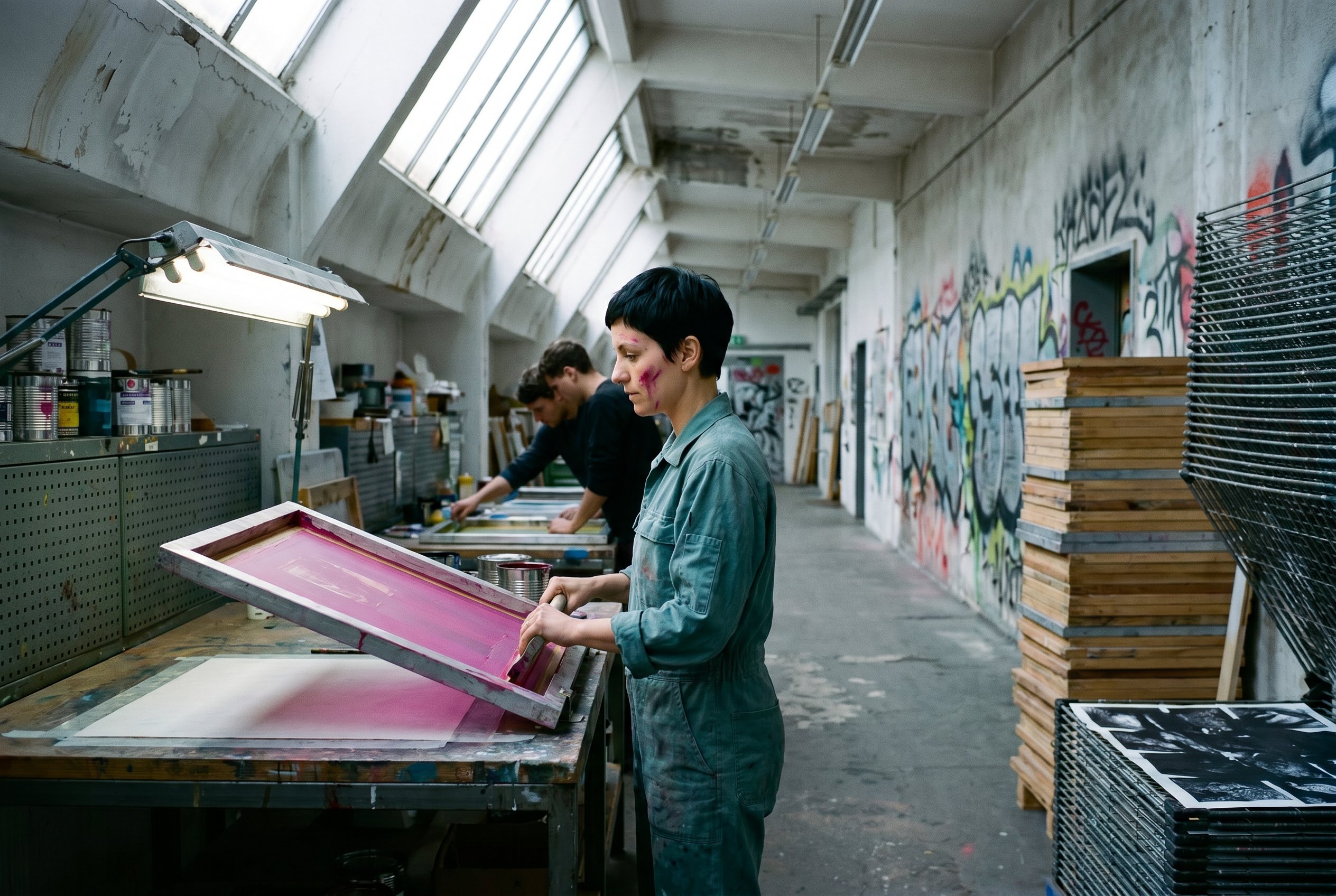 Context — the RAW-Halle-3 silk-screen-corridor from a passage-position 11:46 CEST, Helene at her workbench with two further silk-screen-tables in the corridor behind, the industrial-skylight plus rolled ink-cans plus the Pre-Berghain-Flyer-print-rack in mid-distance