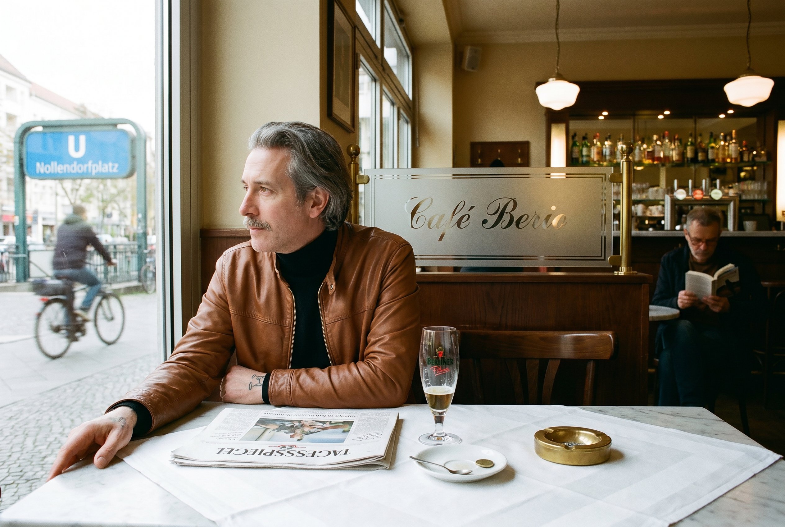Context — the Café Berio interior at Maassenstrasse 7 from the inside, the marble bistro-table at the window, the frosted-Berio-etching plus the 1920s milk-glass pendant lamps plus the Nollendorfplatz-pavement-out-of-focus through the window
