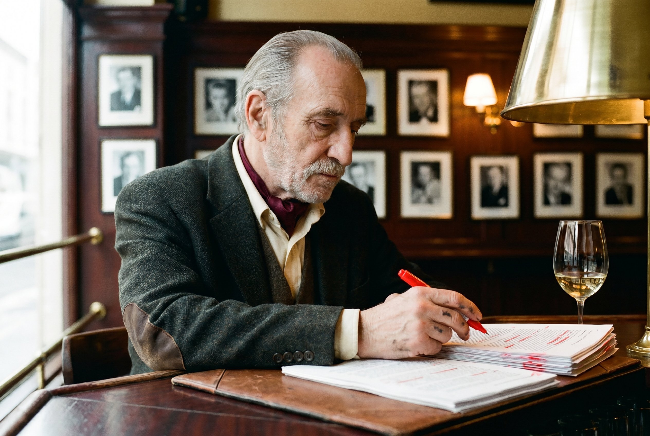 Closeup — Friedhelm at the Diener-Tattersall-bar-corner 14:38 CEST Wednesday-mid-afternoon, the dark-olive-tweed-jacket-elbow-leather-patch resting on the worn-leather bar-pad, the right-hand holding the Faber-Castell-tinted-correcting-pen above a stack of Theaterkritik-galley-pages, the right-index-finger-and-thumb showing the faint forty-eight-year-Maler-Tinte-Schwarz-staining, the half-empty Riesling-glass at the right-elbow