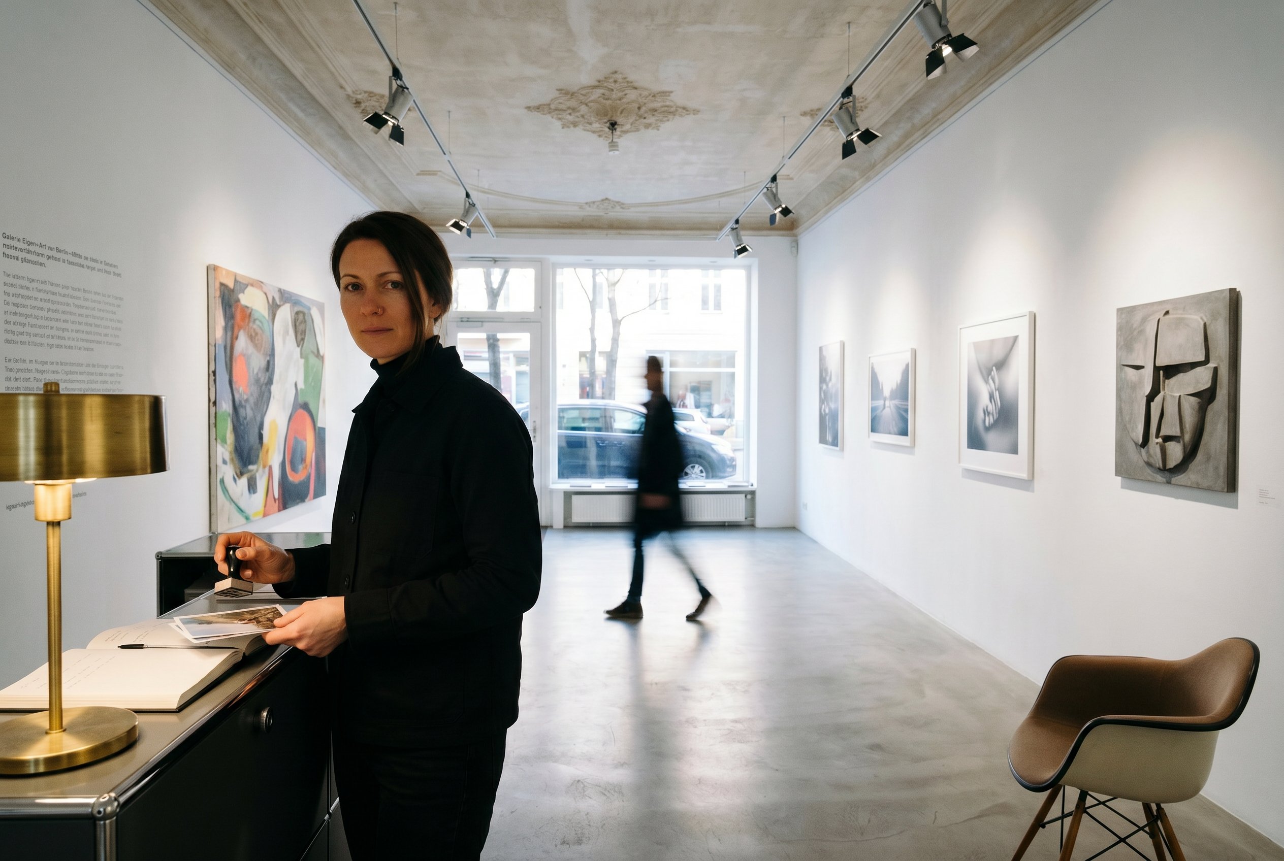 Context — the Galerie Eigen+Art Auguststrasse-Galerien-Korridor 16:56 CEST, the long white-Galerien-corridor with five works on the left wall plus the reception-counter mid-right plus the Auguststrasse-front-door visible at the back, the exposed-Stuckdecke from the original 1880s-Mitte-Altbau overhead