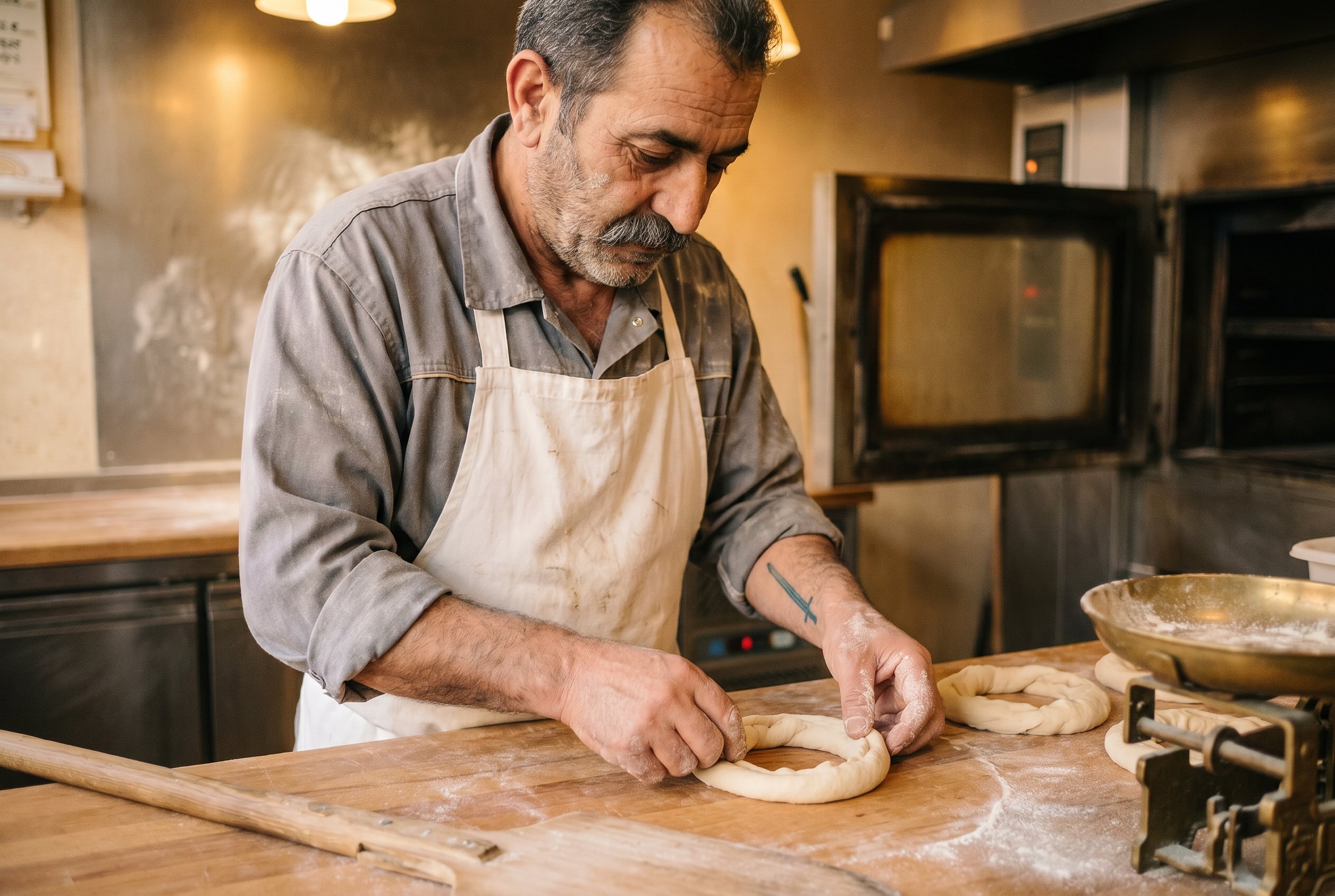 Closeup — Yusuf at the Knet-and-Form-bench 18:18 CEST Wednesday-post-Hauptbacke-Schicht, shaping a small Pide-Ring with the right-thumb-and-index pressing the dough-rim, the inner-right-wrist showing the thin-blue-Anatolian-Sword-handpoke that runs the inner-wrist length about three centimetres, the right-thumb-pad-flour-patina visible, the white-cotton bakery-apron and the rolled light-grey heather-cotton-shirt-sleeves to the elbow