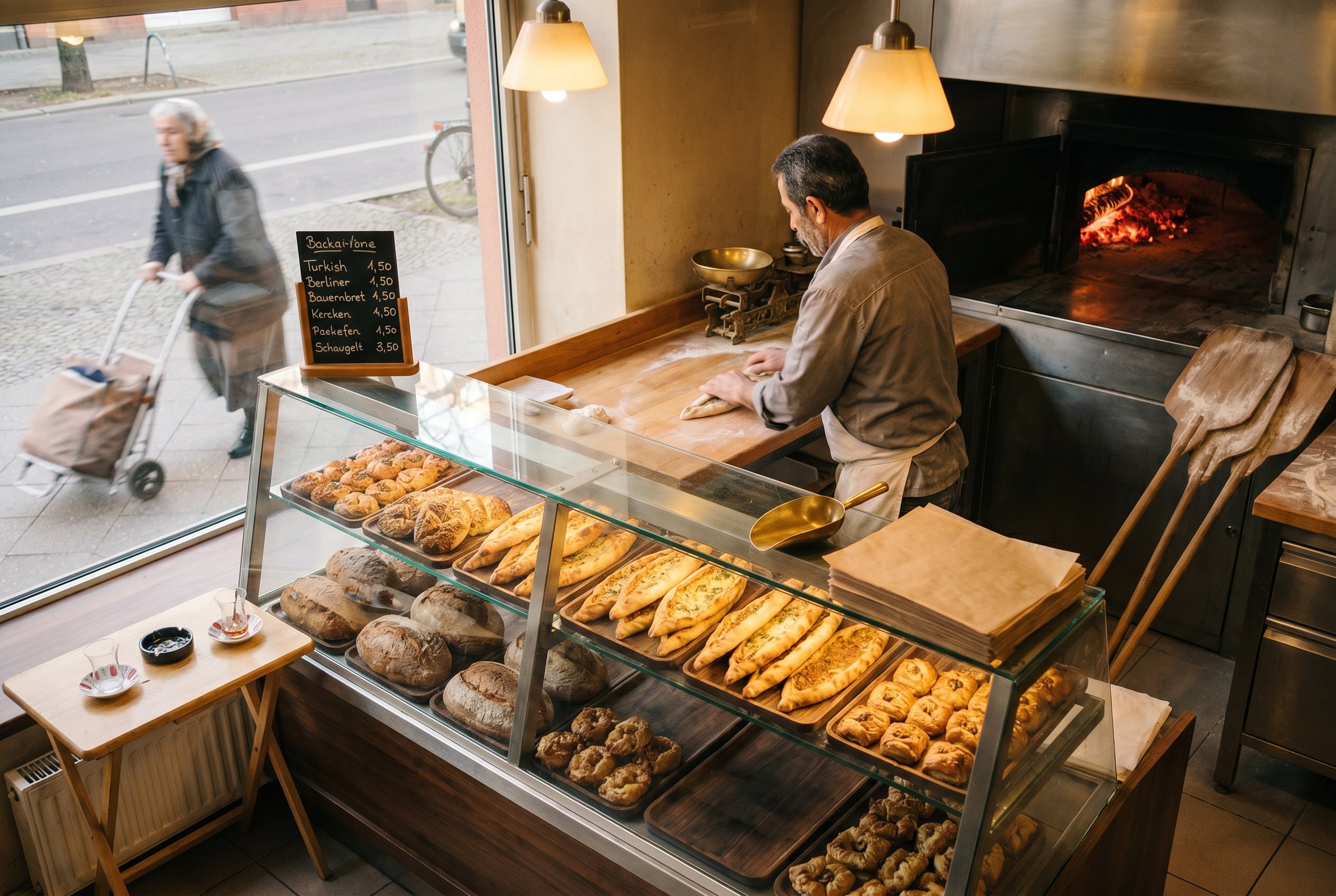 Context — the Bäckerei Yıldız-Stockholmer-Strasse 19 interior 18:24 CEST, the long-glass-front-Pastry-display-case foreground plus the Knet-and-Form-bench-and-Backofen-mid-distance plus the Stockholmer-Strasse-pavement-Turkish-elderly-woman-with-hand-cart-passing-by visible through the front-window
