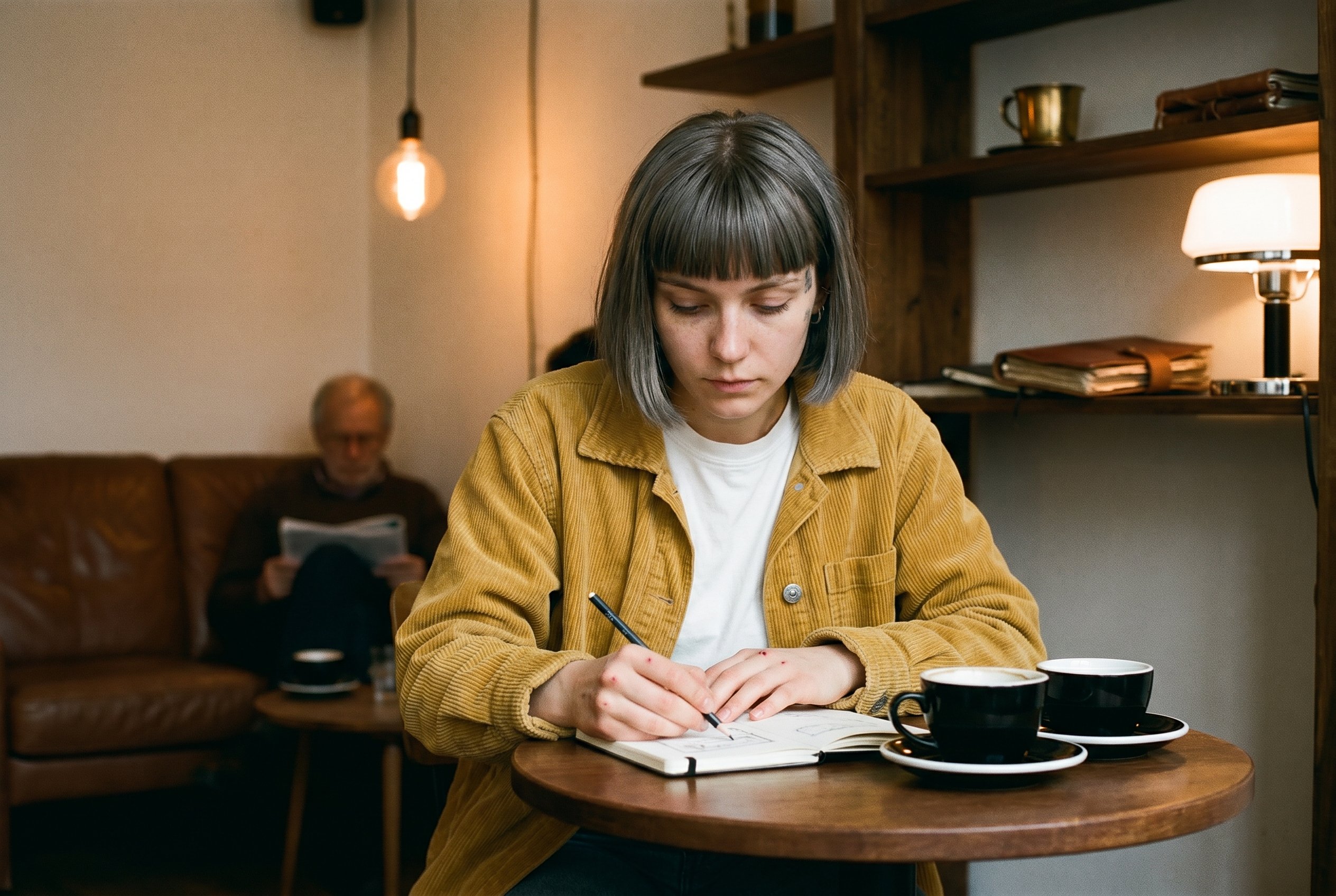 Closeup — Friederike at the Süss war gestern corner-table 19:24 CEST Wednesday-evening, the small black notebook open showing a half-finished pencil-sketch of a stage-set-section, the graphite-stub-pencil in her right-hand at the working-rest position, the left-hand on the notebook with the four fresh-red-pricks at the index-and-middle-finger-knuckles from the previous afternoon's UdK-Bühnenbild-Werkstatt-Nadel-Stiche