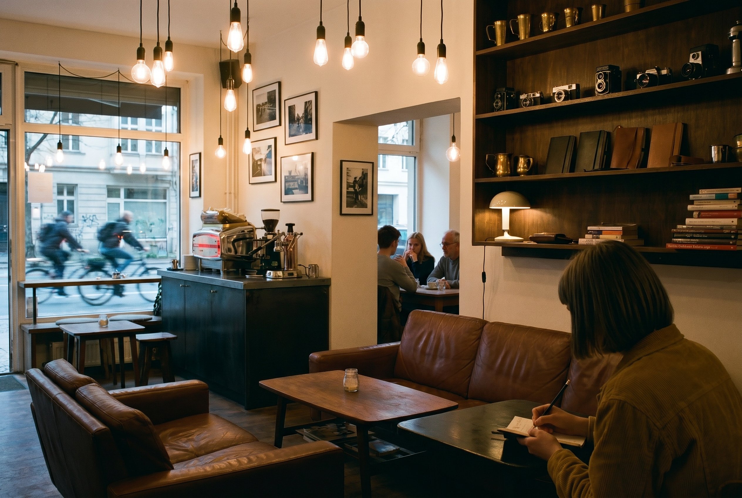 Context — the Süss war gestern Wühlischstrasse-43 interior 19:38 CEST, the dim warm-Wabi-Sabi-vintage-Café-interior with the dark-zinc-bar-back plus the three brass-and-glass espresso-machines plus the back-arch to the second-room plus the wall-of-dark-wood-shelves with mid-twentieth-century-Wabi-Sabi-objects