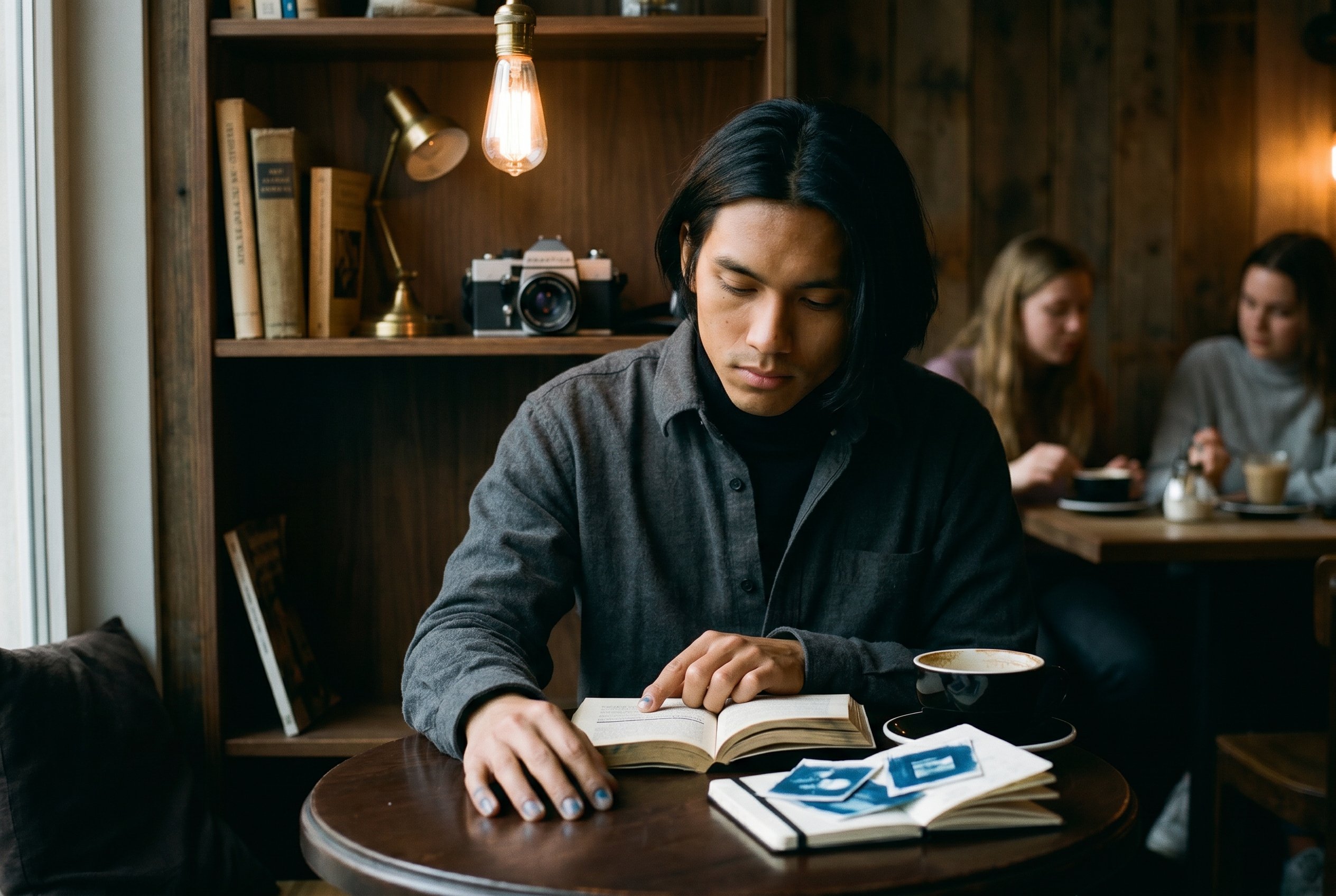 Closeup — Linh at the Süss war gestern back-room corner-table 20:24 CEST Wednesday-late-evening, the Walter-Benjamin-paperback open at page-thirty-eight with the index-finger-tip on an underlined line, the small black notebook beside with three cyanotype-test-prints loose-tipped at the page-margin, the left-hand-fingertips showing the faint cobalt-blue-cyanotype-Solar-Spuren under the nail-rim from the previous afternoon's Photo-Werkstatt-cyanotype-print-session