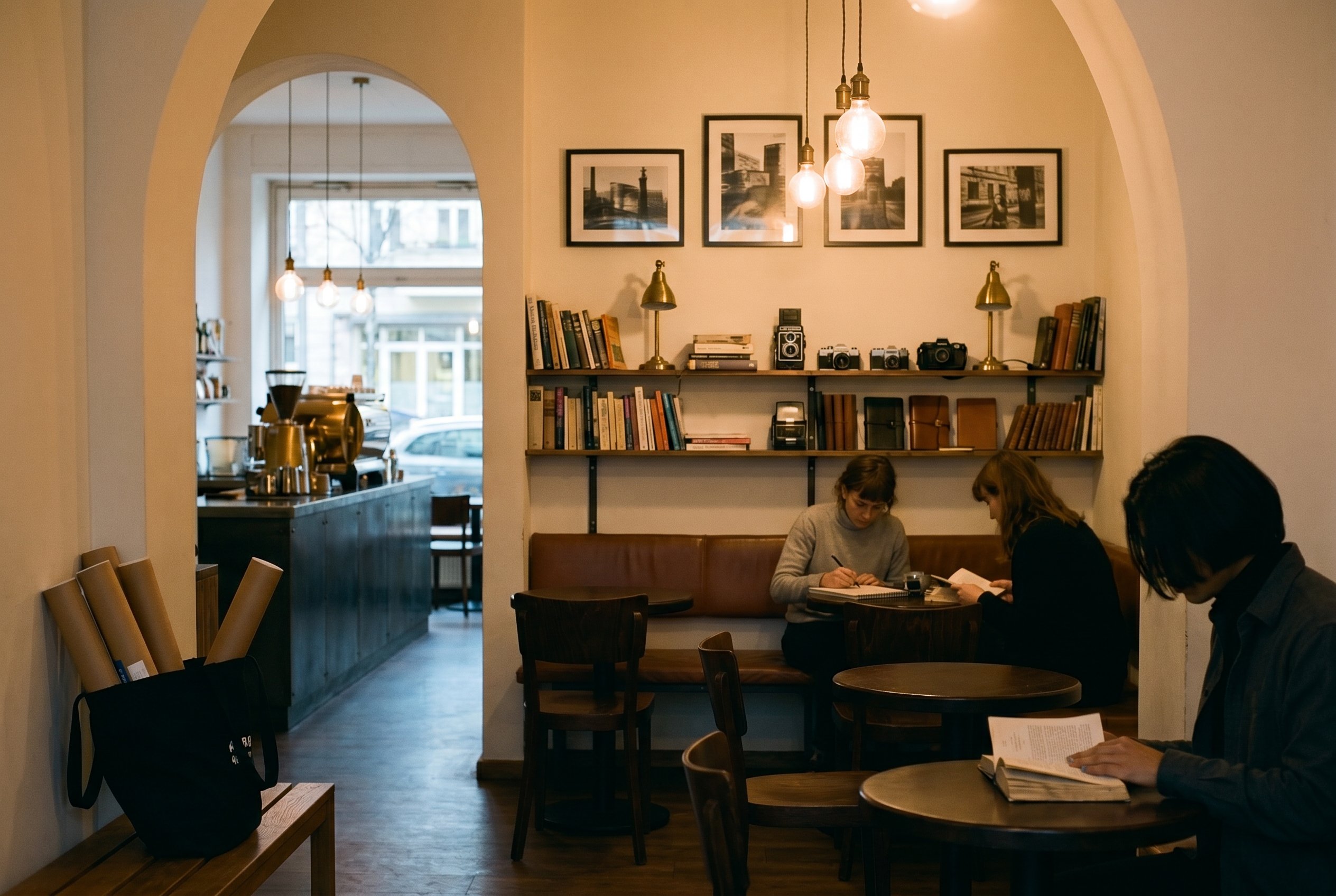 Context — the Süss war gestern back-room from the arch-passage 20:32 CEST, the four small dark-wood-round-tables plus the brown-leather banquettes plus the back-wall-shelves-with-Wabi-Sabi-objects plus the arch-passage-into-the-front-Café-room