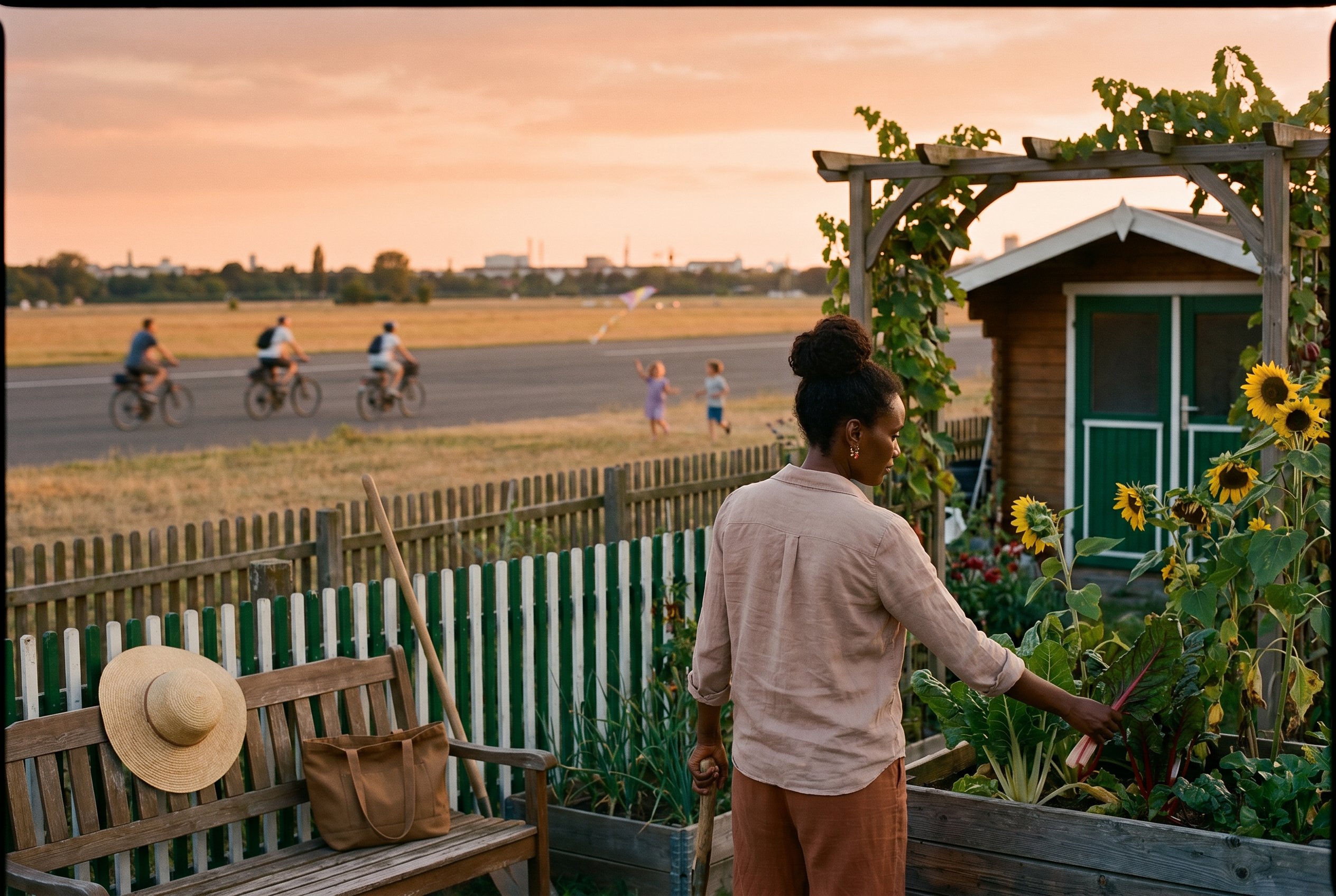 Context — the Tempelhofer Feld Schrebergarten-Korridor 20:56 CEST, the long-row-Schrebergarten-plots with wooden raised-beds plus Pergola-Holz-arches plus small wooden Schrebergarten-Häuschen plus the open Tempelhofer-Feld-expanse beyond with the late-evening-Berlin-westward-light bathing the runway-architecture