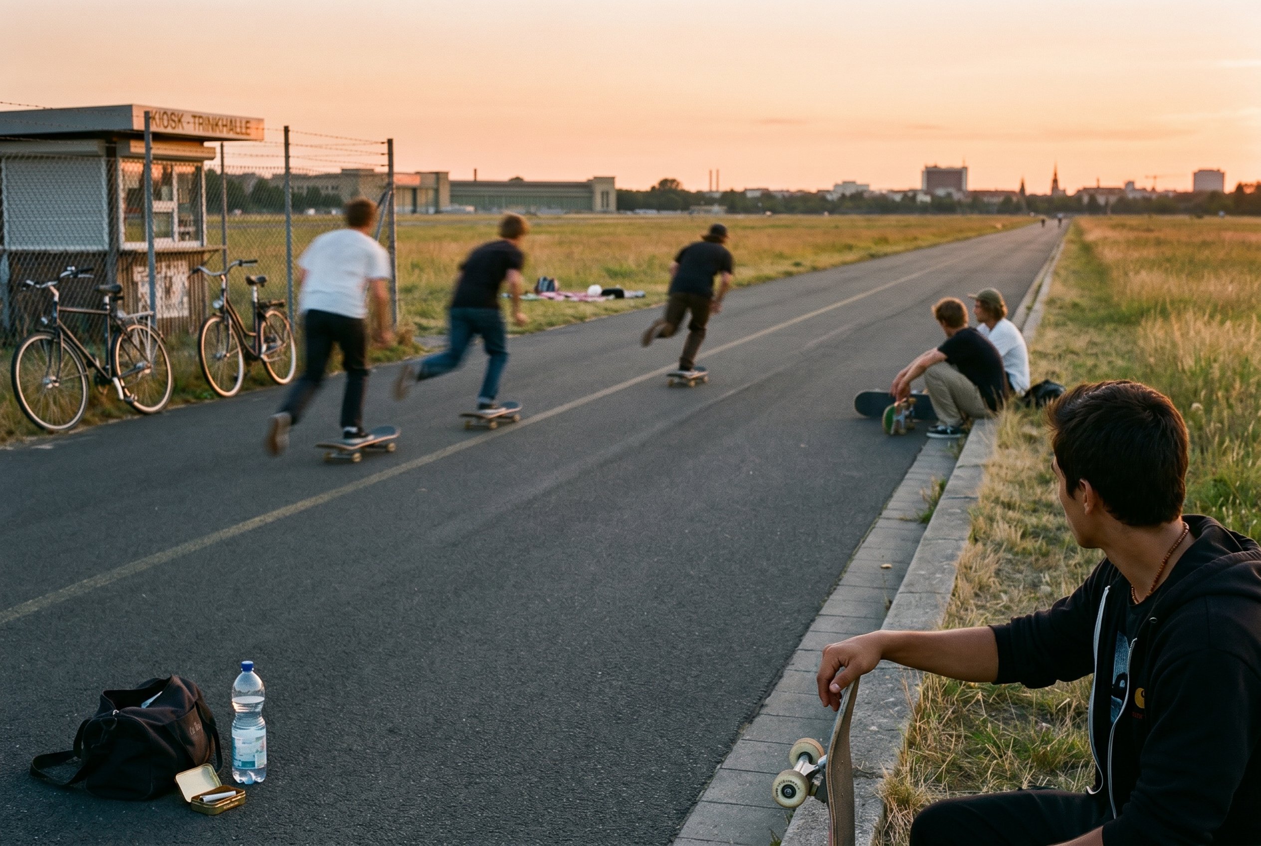 Context — the Tempelhofer Feld central-skate-strip 21:32 CEST, the long-asphalt-skate-strip-diagonal foreground with four young skaters scattered across the strip in motion-and-rest plus the wide-open Tempelhofer-Feld-runway-expanse middle-and-background bathed in the late-evening-westward-light