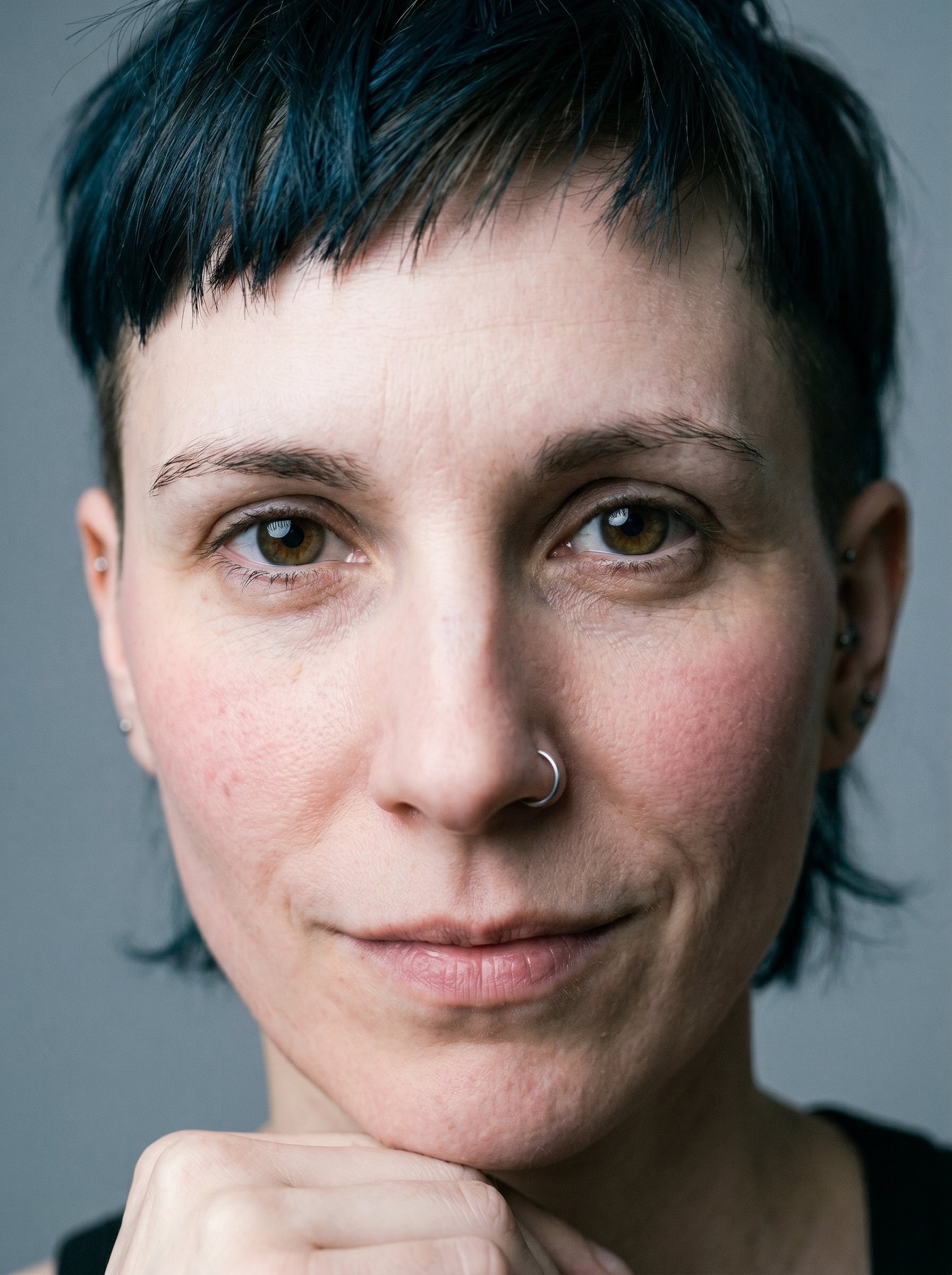 Vesper Friedrichs — closeup, the Ruhepole knuckle-handpoke visible at the chin