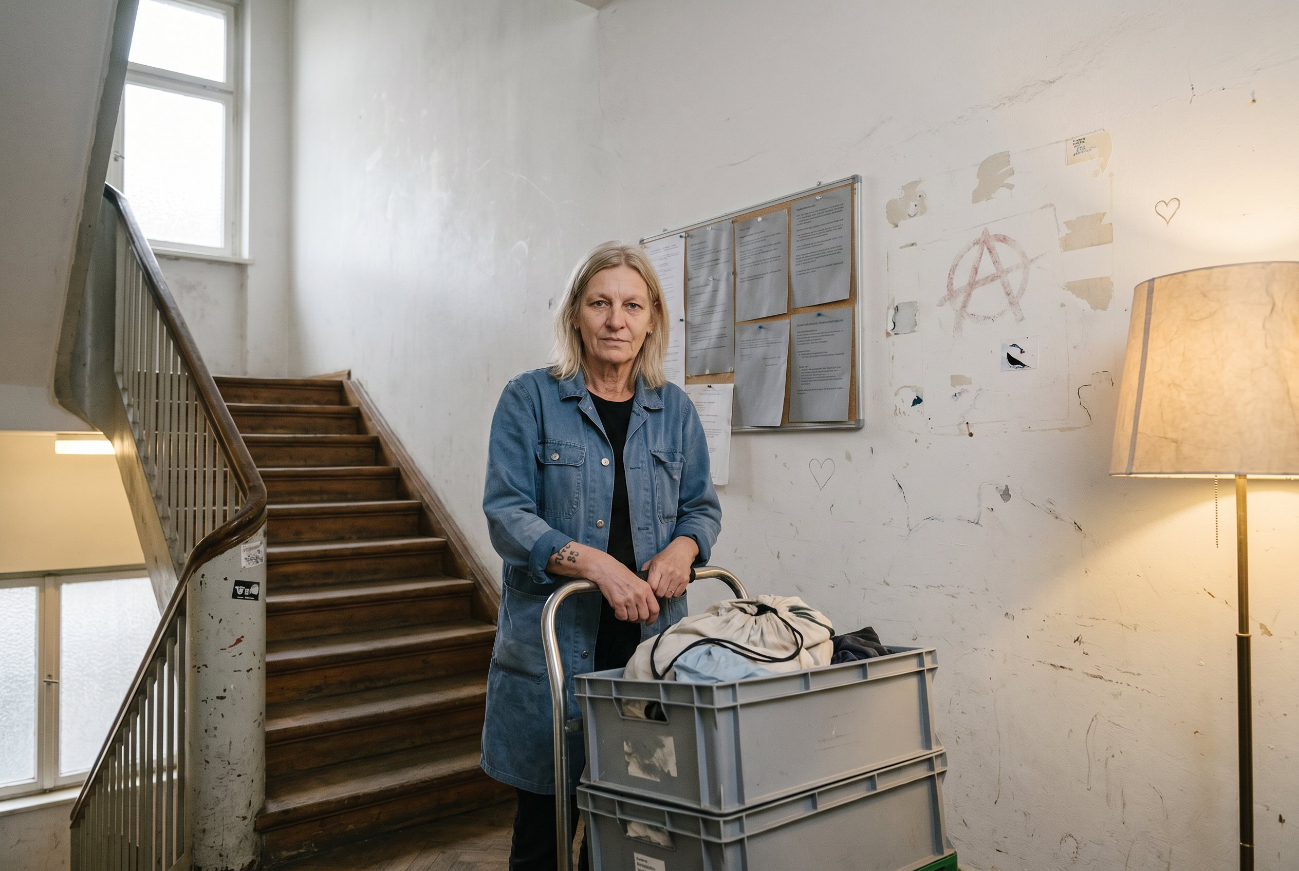 Beate Kalweit at the front-stairwell of the Hausprojekt on Oranienstrasse SO36, occupied 4 May 1981, with the laundry-cart and the bulletin-board behind