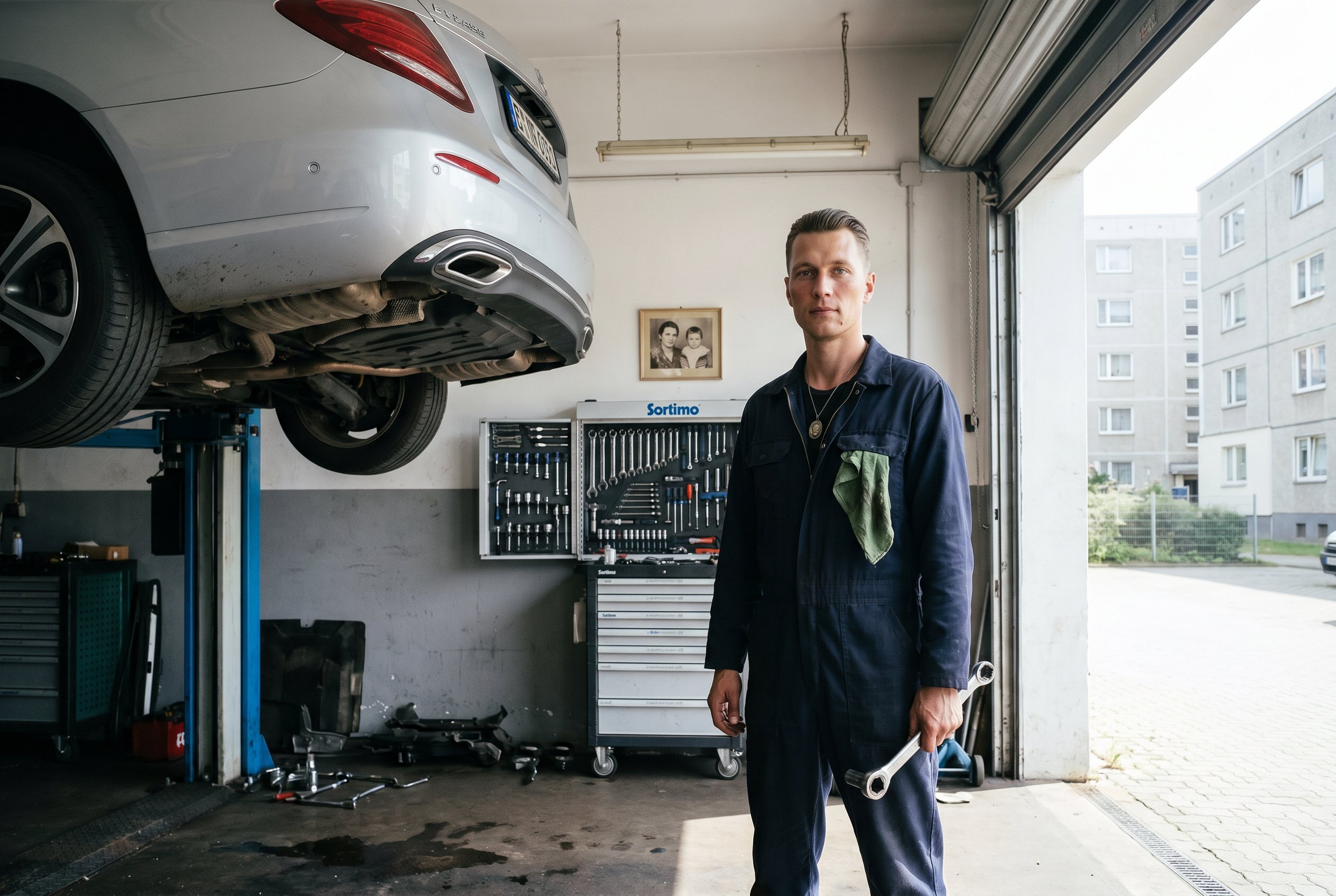 Daniil Reichert at the Mercedes-Benz Werkstatt on Allee der Kosmonauten 145, Marzahn — W213 on the hydraulic lift, tool-cabinet behind, the locket worn outside the coverall on Tuesday
