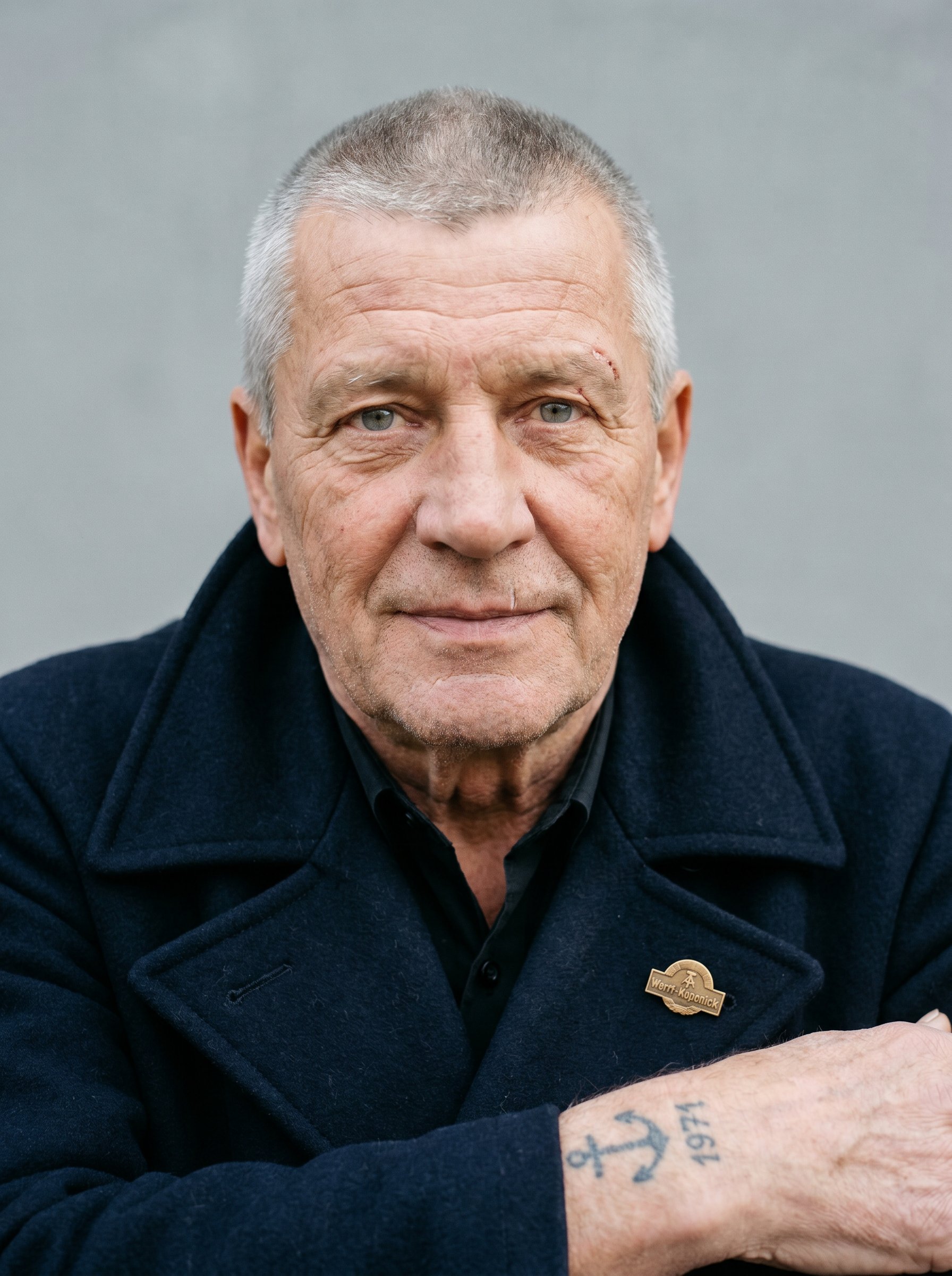 Hartmut "Hatz" Wenzel — portrait, Subject-Lock anchor with the Volksmarine 1971 anchor-tattoo at the left forearm and the brass Werft-Köpenick-pin at the peacoat lapel