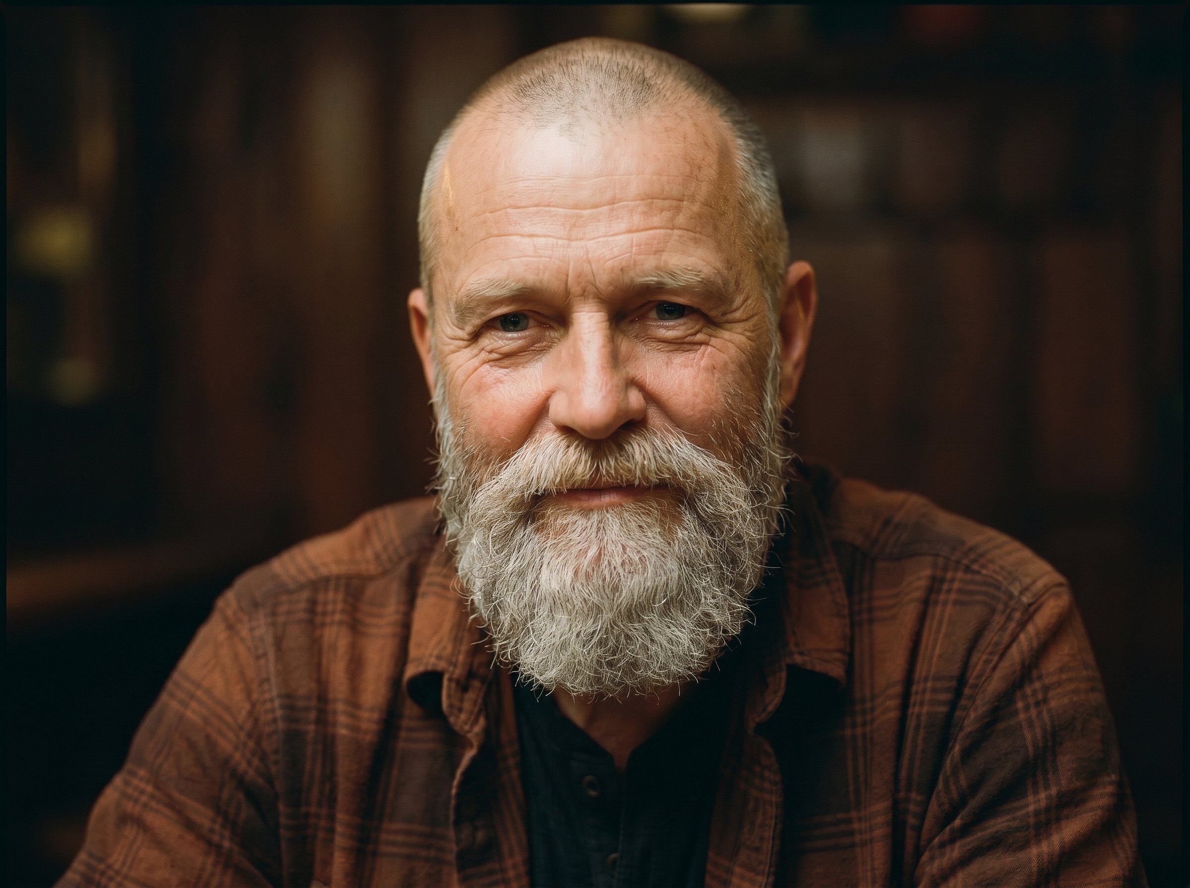 Closeup-portrait three-quarter same subject as portrait-tight, soft Bear-Bar-Café-light, Voll-Grau-Bart and Buzz-cut and Plaid-Flannel collar visible, eye-contact direct