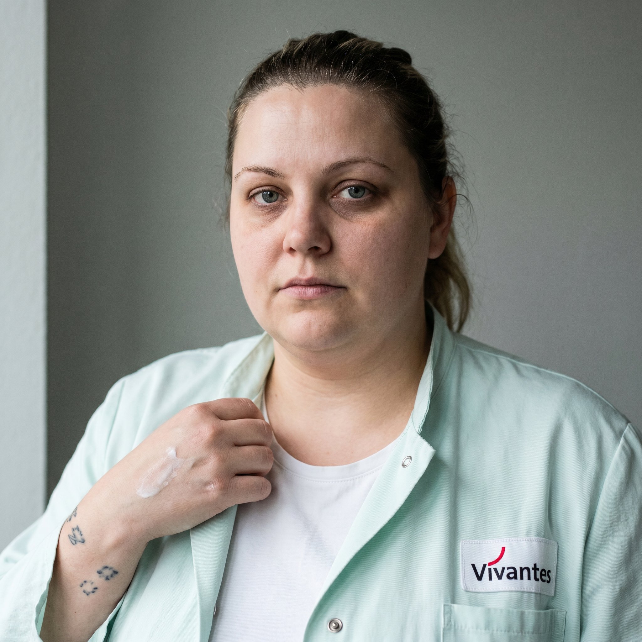Portrait-Tight Frame, 1:1 frontal, neutral background, Stefanie Brendel 34 plus-size Vivantes-Wedding pediatric station-leader, calm tired direct eye contact, pale-mint Pflege-coat over white T-shirt collar