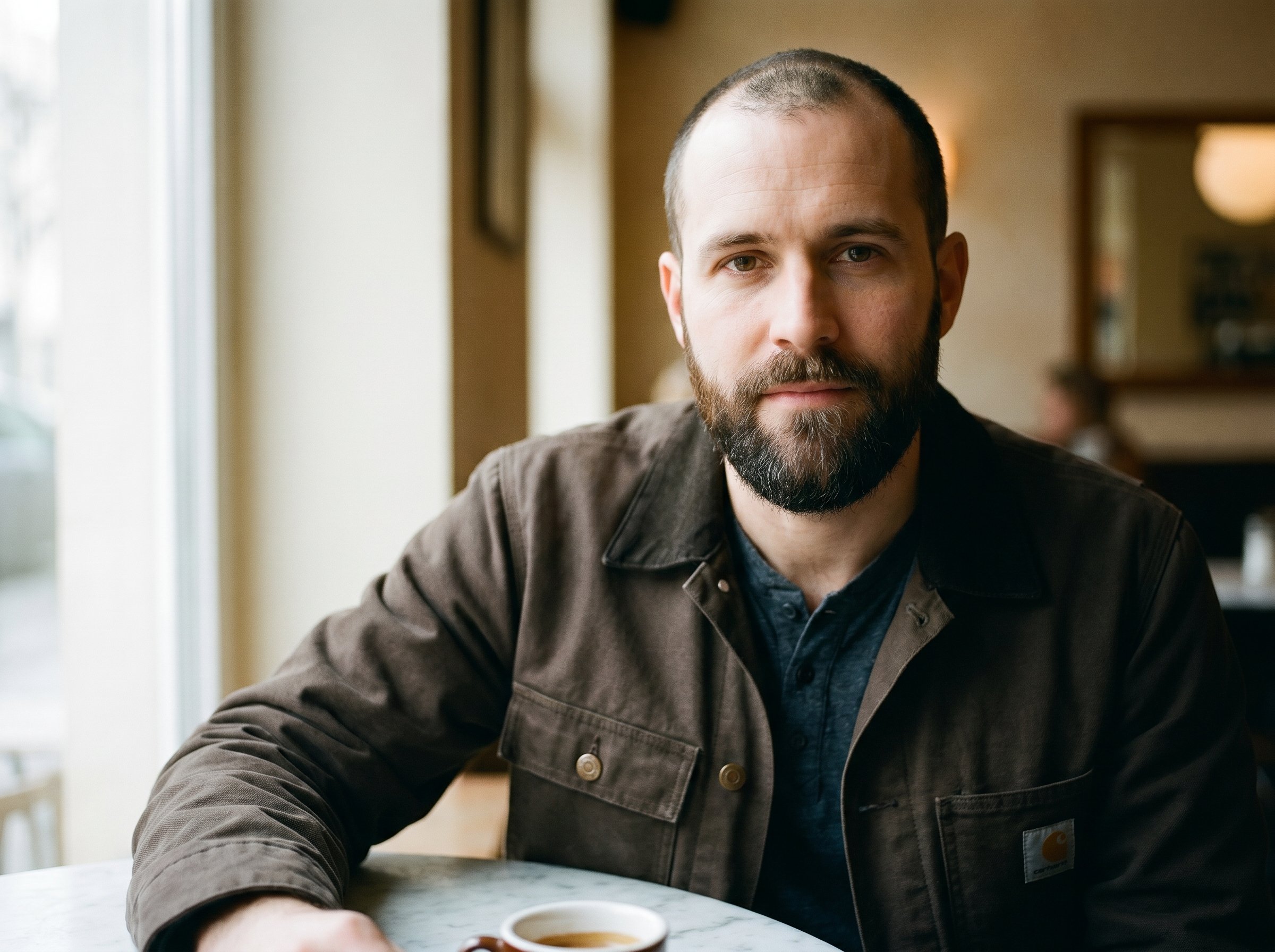 Closeup-portrait three-quarter same subject as portrait-tight, soft Café-Berio-Maassenstrasse-vormittag-light, espresso cup at the edge of the frame, full dark-brown beard plus thick brows plus eye-contact direct