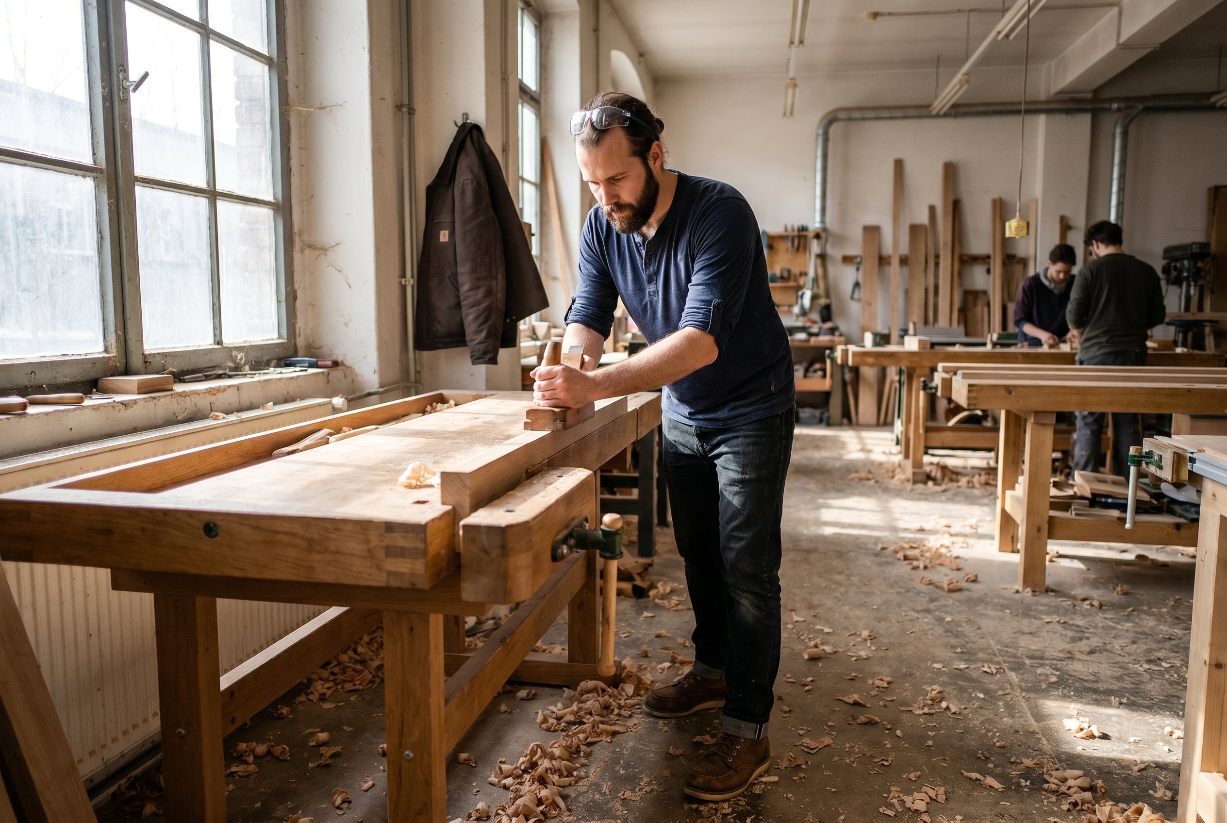 Context frame inside the Holzwerkstatt in Pankow-Wollankstrasse early Saturday morning, same subject planing the long edge of an oak board on a workbench, Carhartt Detroit jacket hung on the wall hook, safety-glasses pushed up onto the forehead, wood-shavings on the floor, raking late-morning light through dusty window