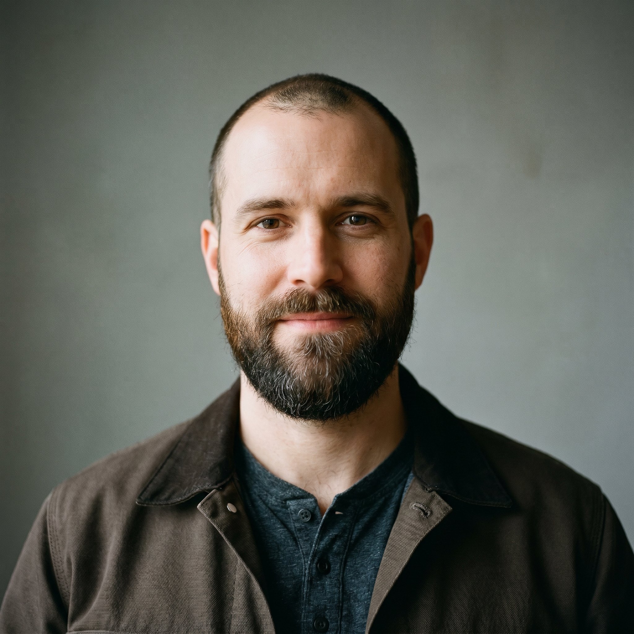 Portrait-Tight Frame, 1:1 frontal, neutral background, Jens Trautwein 36 Cub-body Berlin-Bear-axis Carhartt-Detroit-Jacket-on, calm direct eye contact, full dark-brown beard trimmed close, soft mid-day light