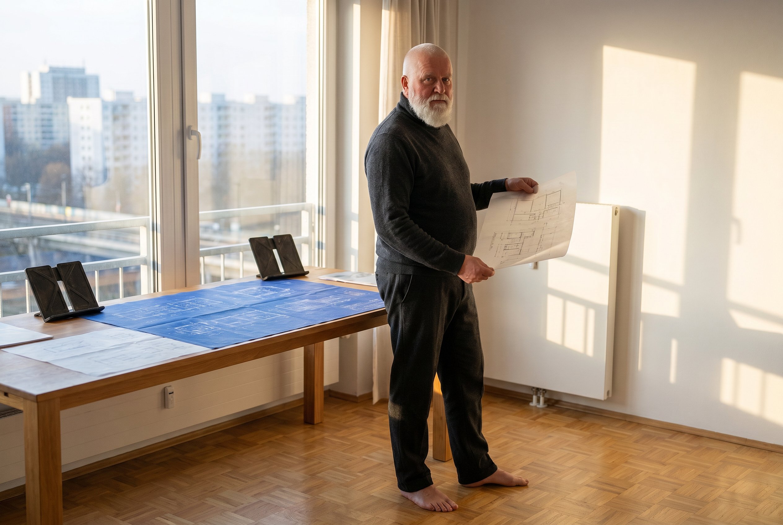 Context frame in the Marzahn-Nord Ringkolonnaden eleventh-floor flat living-room Saturday late-afternoon, same subject standing at the long balcony-window holding architectural drawings on transparent paper, 1985-DDR-Wohnungsbau-blueprints stacked on the broad desk behind him, charcoal turtleneck plus dark trousers plus barefoot on Ostmoderne-parkett floor