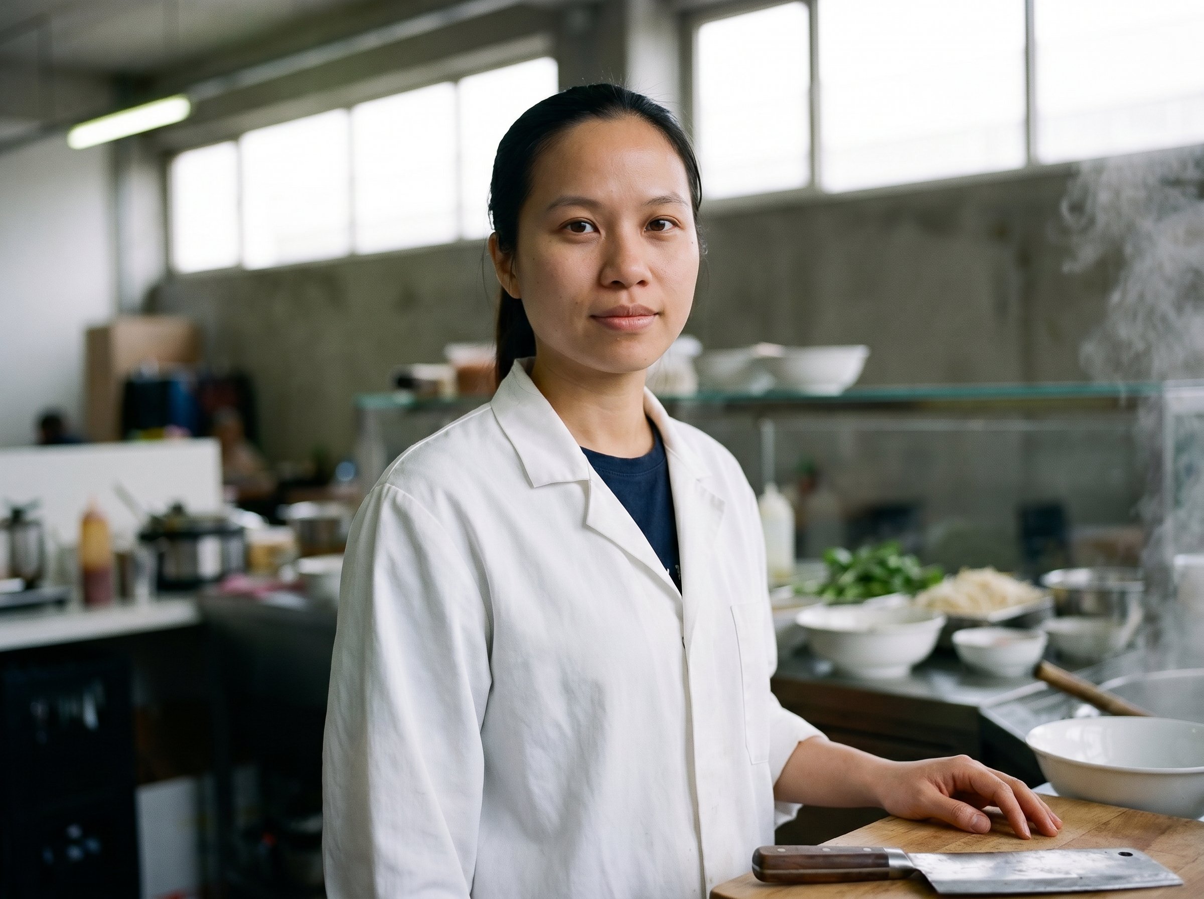Closeup-portrait three-quarter same subject as portrait-tight, soft Dong-Xuan-Center-Halle-9-mittag-light, knife-hand on the cutting-board visible, eye-contact direct, faint steam in the background