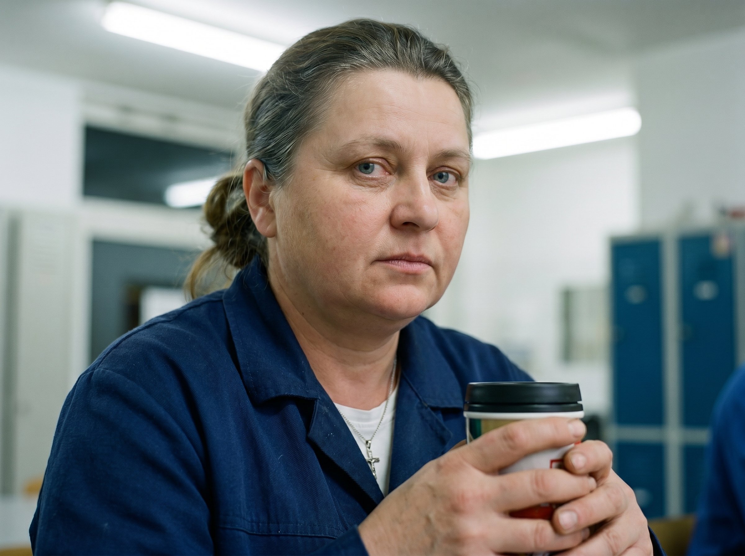 Closeup-portrait three-quarter same subject as portrait-tight, soft Großmarkt-Halle-04:30-pause-raum-fluorescent-light, hands wrapped around a thermos cup, small silver Marien-Medaille visible at the throat under coat-collar, eye-contact direct