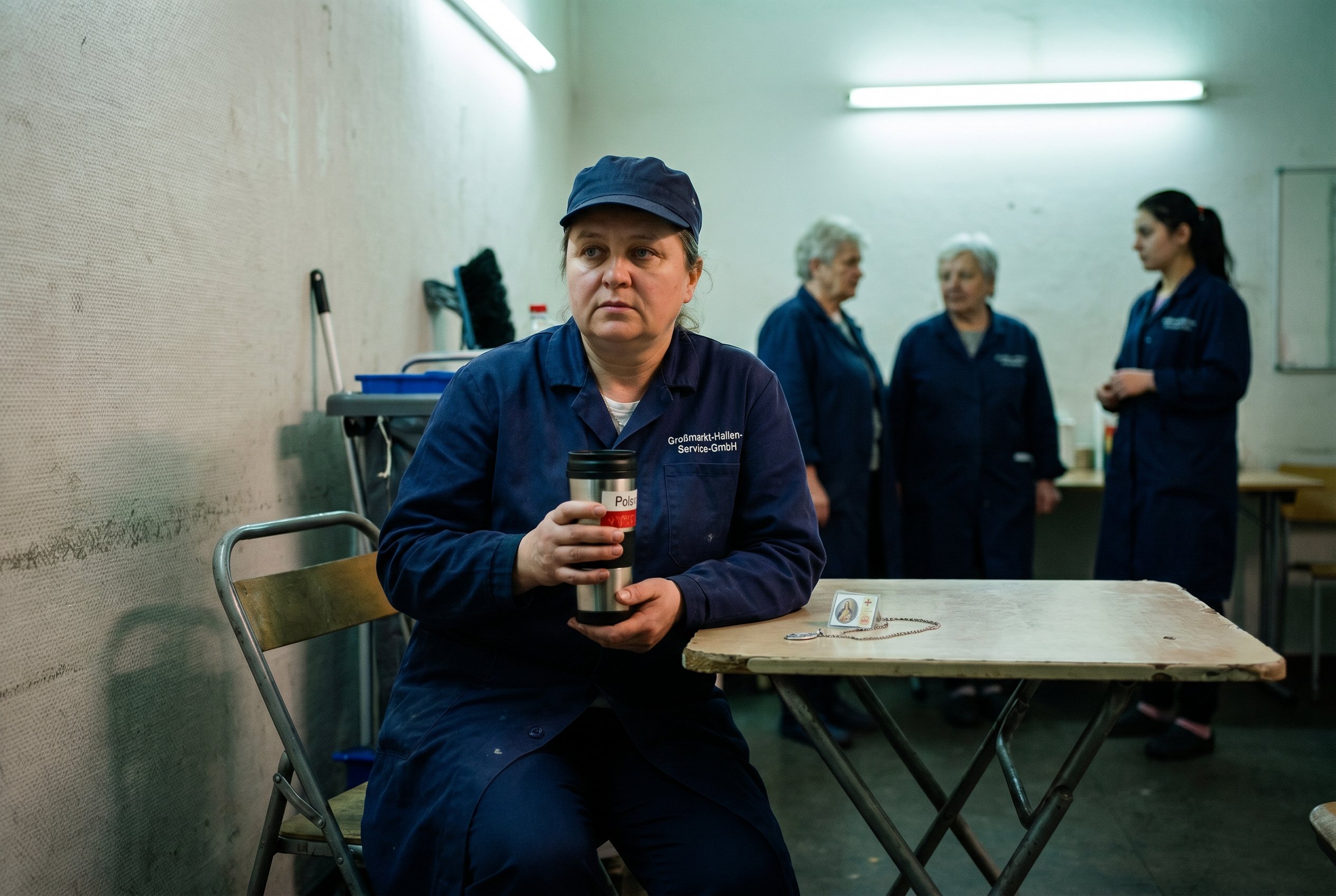 Context frame in the Großmarkt Beusselstrasse cleaning-crew pause-raum at 04:30 Thursday, same subject seated on a folding chair with three other crew-members in the soft background, polish thermos plus crucifix small icon on the table corner, fluorescent overhead, the cleaning-cart parked against the wall