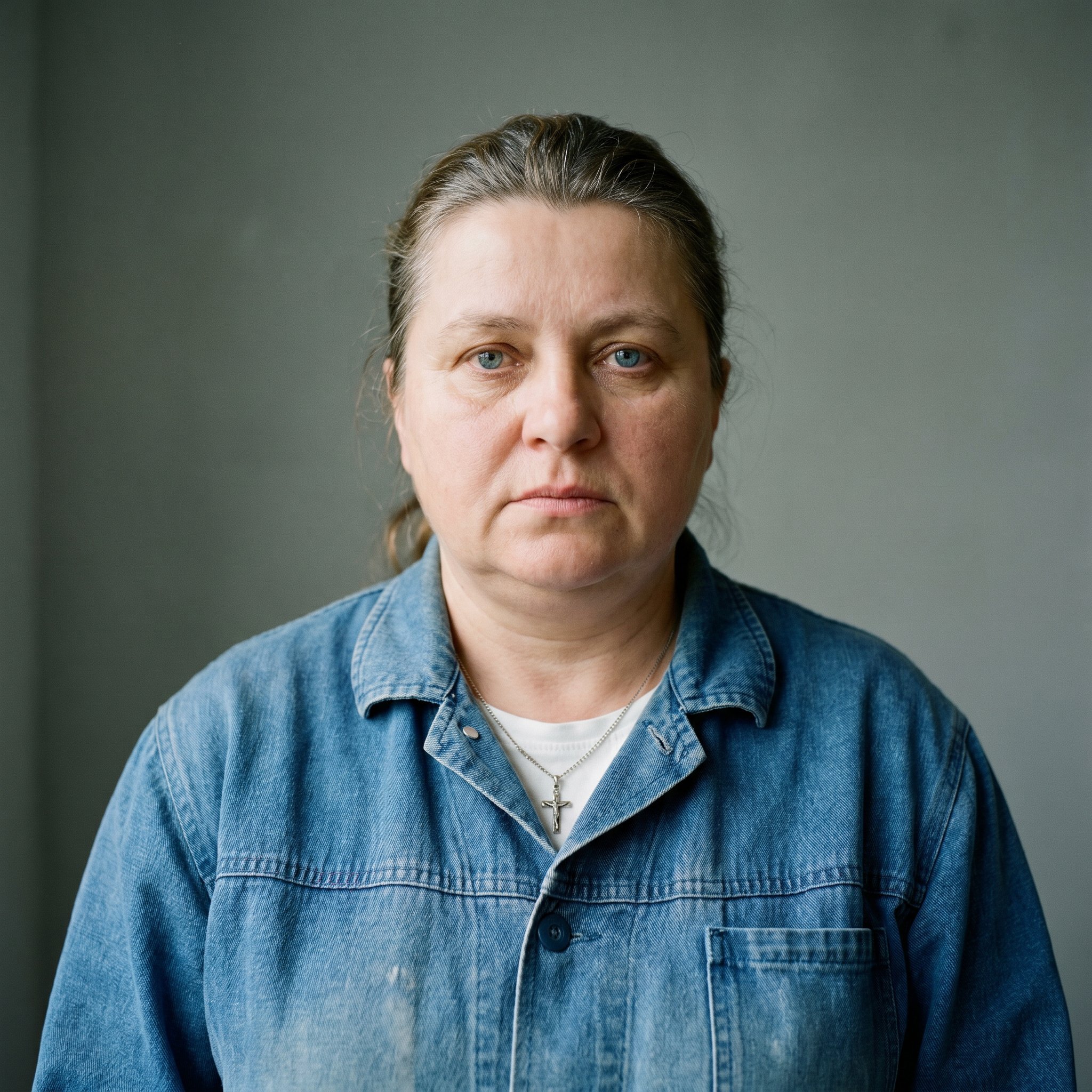 Portrait-Tight Frame, 1:1 frontal, neutral background, Anna Kowalczyk 42 Polish-Berlin Cleaning-Crew Supervisor Moabit, calm direct eye contact, dark blonde hair plus small silver crucifix, navy work-coat
