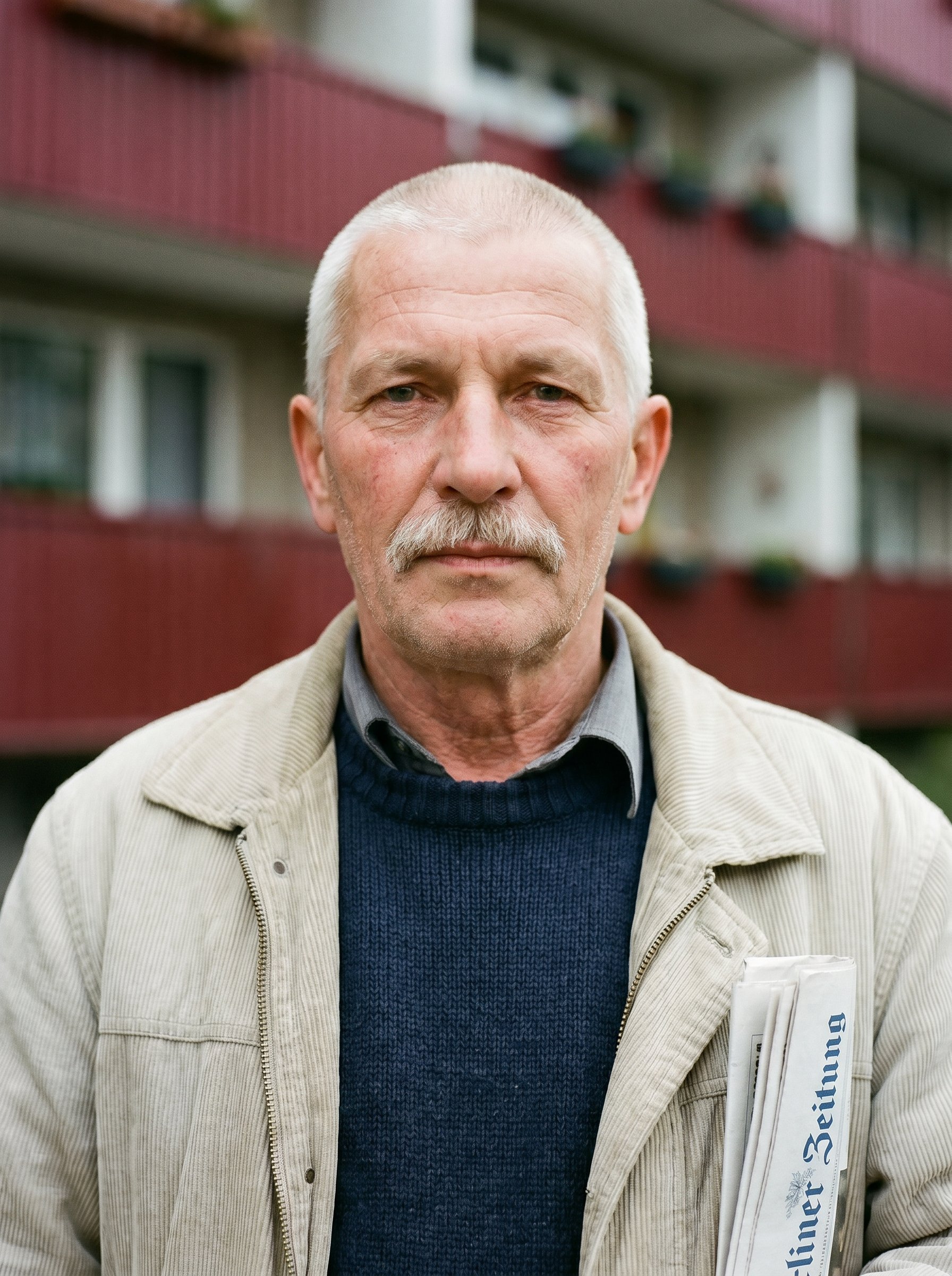 Closeup-portrait three-quarter same subject as portrait-tight, soft pale May-overcast Ringkolonnaden-plaza light, the original 1986 dark-red Plattenbau-balcony-railing soft-blurred in the background, a folded Berliner Zeitung in the breast-pocket of the Wendecord-Jackett just visible, eye-contact direct