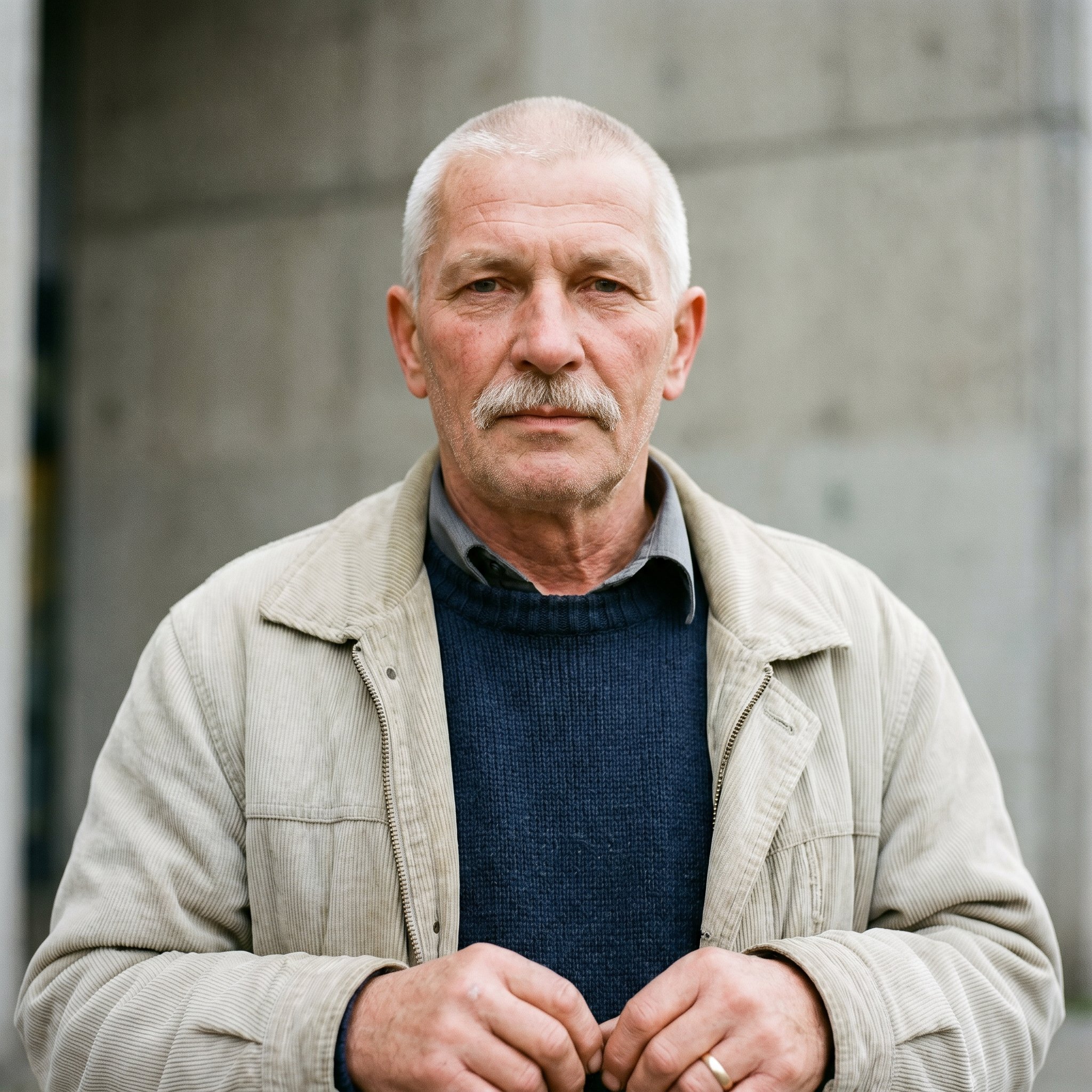Portrait-Tight Frame, 1:1 frontal, neutral background, Lothar Brendler 68 Marzahn-Nord ehemaliger Werkzeugmacher pensioniert seit 2003, calm direct eye contact, short white hair plus closely cropped grey-white moustache plus heavy hands, dark-blue Strick-Pullover under Wendecord-Jackett