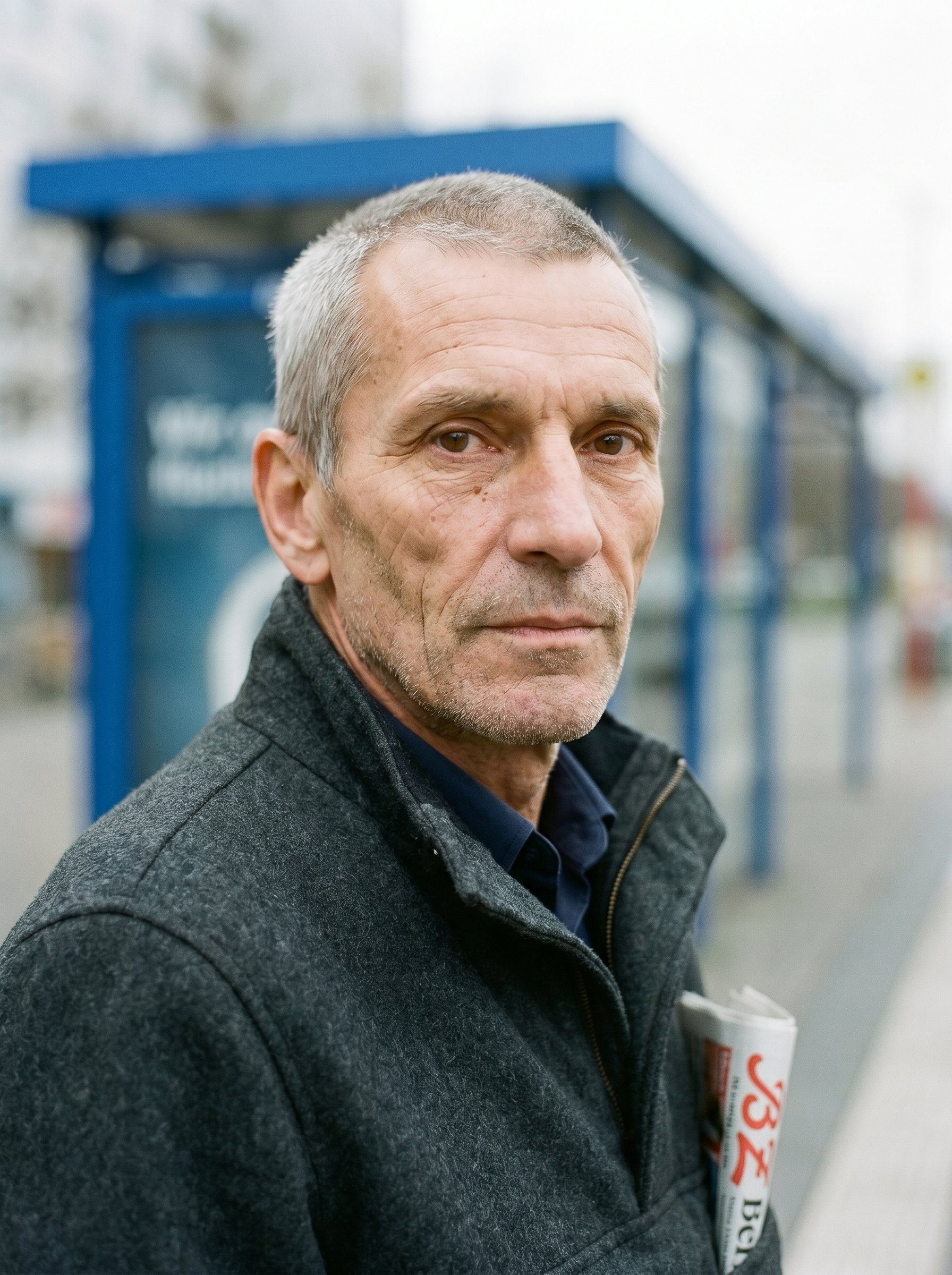 Closeup-portrait three-quarter same subject as portrait-tight, soft pale Friday-morning-overcast Ringkolonnaden-plaza light, the cobalt-blue tram-stop-shelter soft-blurred camera-right in the background, a folded BZ Berlin in the side-pocket of the Wollanorak just visible, eye-contact direct