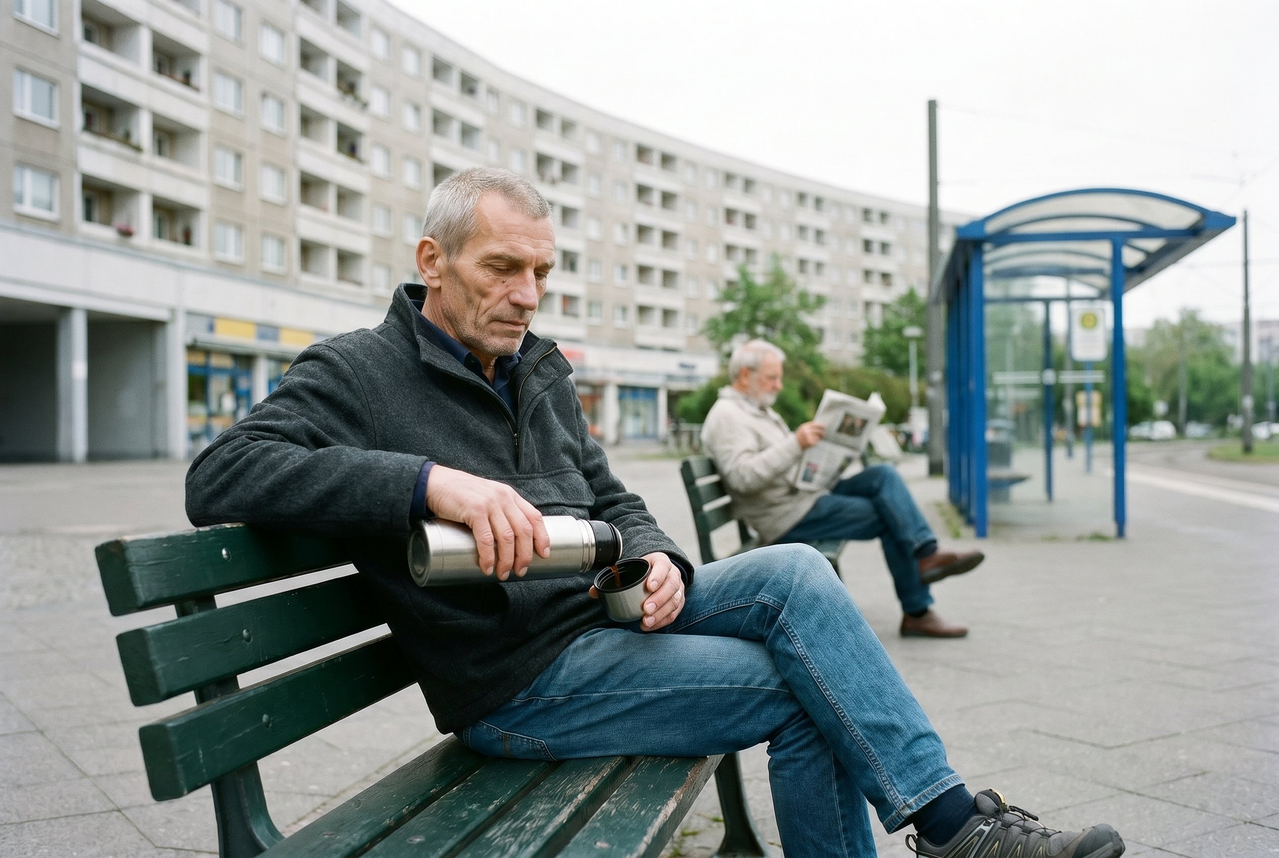 Context frame at the Ringkolonnaden-Plaza Marzahn-Nord 10:15 Friday morning, same subject seated alone on the second-from-the-tram-stop dark-green wooden park-bench, a thermos of black coffee at his side, Salomon-Wander-Halbschuhe visible at the bottom of the frame, the cobalt-blue tram-stop-shelter mid-distance, the Plattenbau-arc curving across the background, another older man on a third bench mid-distance facing the other direction reading a paper