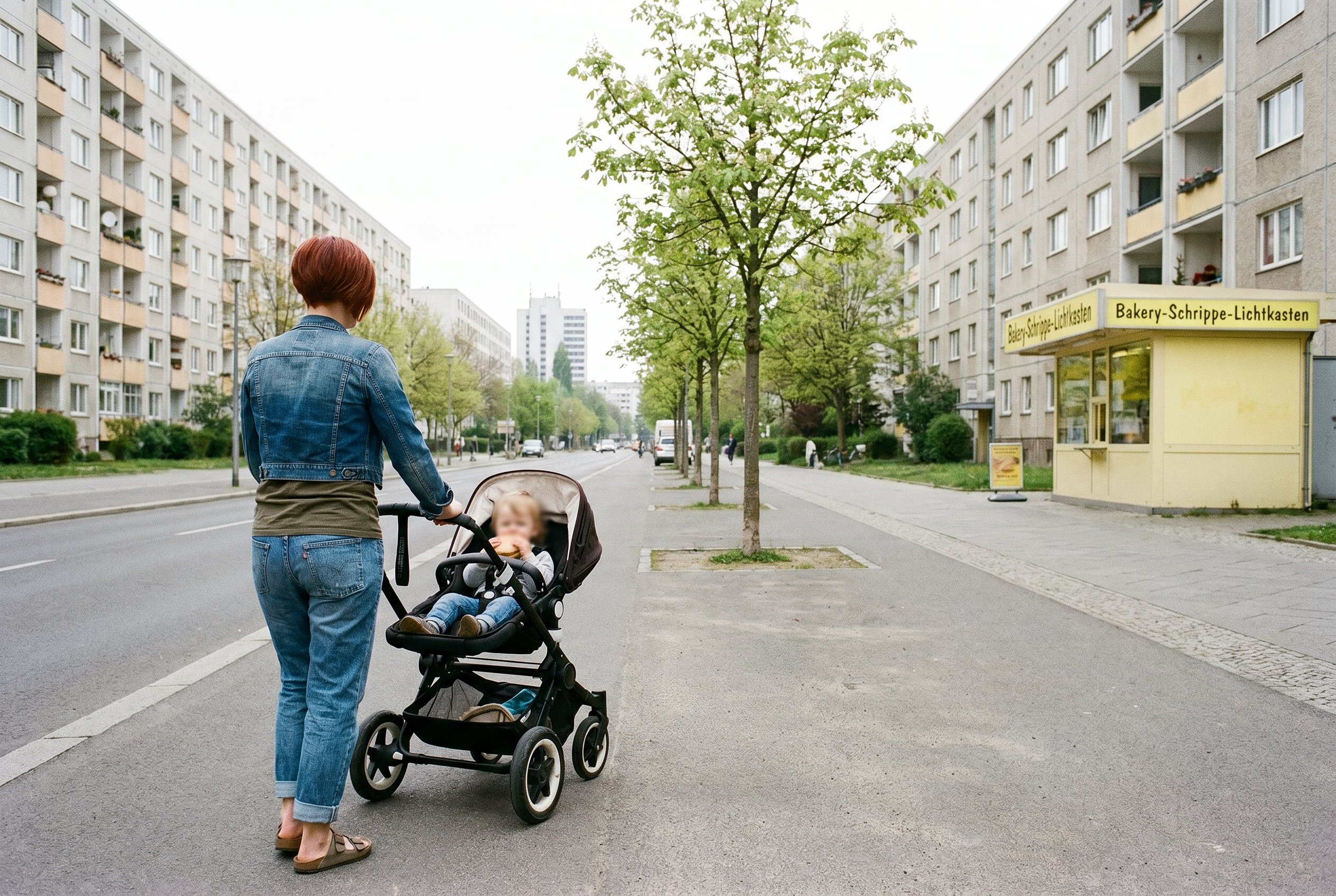 Context frame at the Hellersdorf Kastanienallee-Boulevard 11:20 Friday morning, same subject walking the centre-line of the wide pedestrian-Boulevard pushing the black third-hand Bugaboo-style stroller, the two-and-a-half-year-old toddler in the stroller eating a Schrippe with butter, three young Kastanien-trees flanking the boulevard, the bakery-Schrippe-Lichtkasten glowing pale-yellow camera-right mid-distance, the long Plattenbau-blocks bordering left and right, the Helle-Mitte horizon ahead