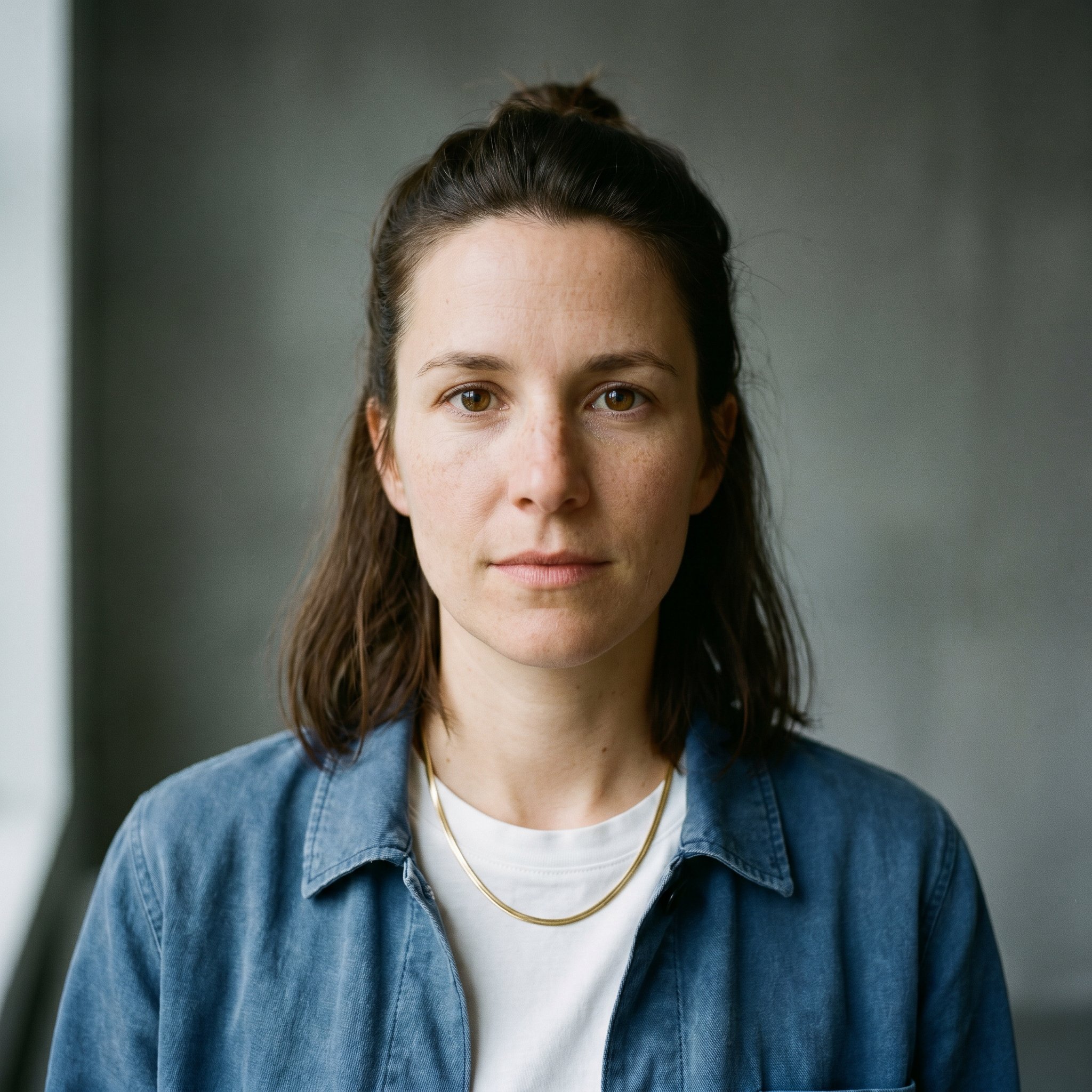 Portrait-Tight Frame, 1:1 frontal, neutral background, Wiebke Sauer 33 Berlin-Mitte Print-Sales-und-Catalog-Essay-Schreiberin Auguststrasse-Galerie, calm direct eye contact, dark brown shoulder-length hair half-up half-down, Cos-baumwoll-overshirt washed-blue plus simple gold thin-chain