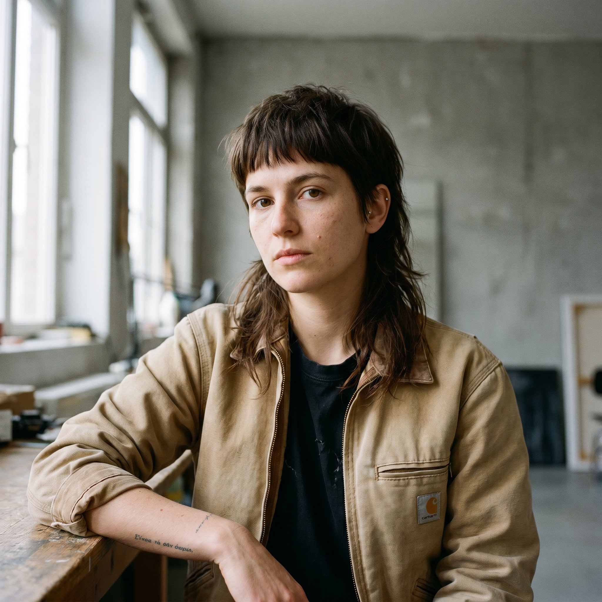 Portrait-Tight Frame, 1:1 frontal, neutral background, Mira Eckhardt 26 Berlin-Neukölln Tattoo-Studio-Second-Year-Lehrling Hobrechtstrasse 18 Reuter-Quartier, calm direct eye contact, cropped-mullet self-cut dark-brown hair longer at nape uneven bangs, Vintage-Carhartt-Detroit-Jacket faded-tan over plain black T, single fine-line forearm-tattoo just visible at the cuff