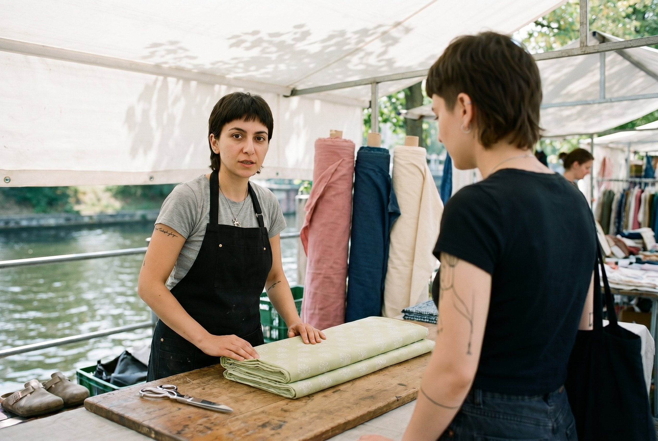 Context frame at the Demir-Family-Stoff-Stand Maybachufer Saturday 11:45, same subject mid-conversation with a Mode-Hochschülerin-Kundin (UdK-Mode-Klasse, late-twenties, also cropped-mullet) — Aslı is folding a 1.5-meter cut of the pale-linden-green Bursa-cotton-blockprint while explaining the print-Werk-Herkunft in English, the wooden-fold-Werk-Brett visible plus the stainless-steel-Scissors on the table plus three other rolls of Bursa-cotton stacked behind her (faded-rose, deep-indigo, undyed-natural), the white market-canopy soft above plus the canal-water-reflection on the underside of the canopy, the Saturday-noon Maybachufer-light warm-soft, the neighbouring Demir-Konkurrenz-Stand visible right-of-frame