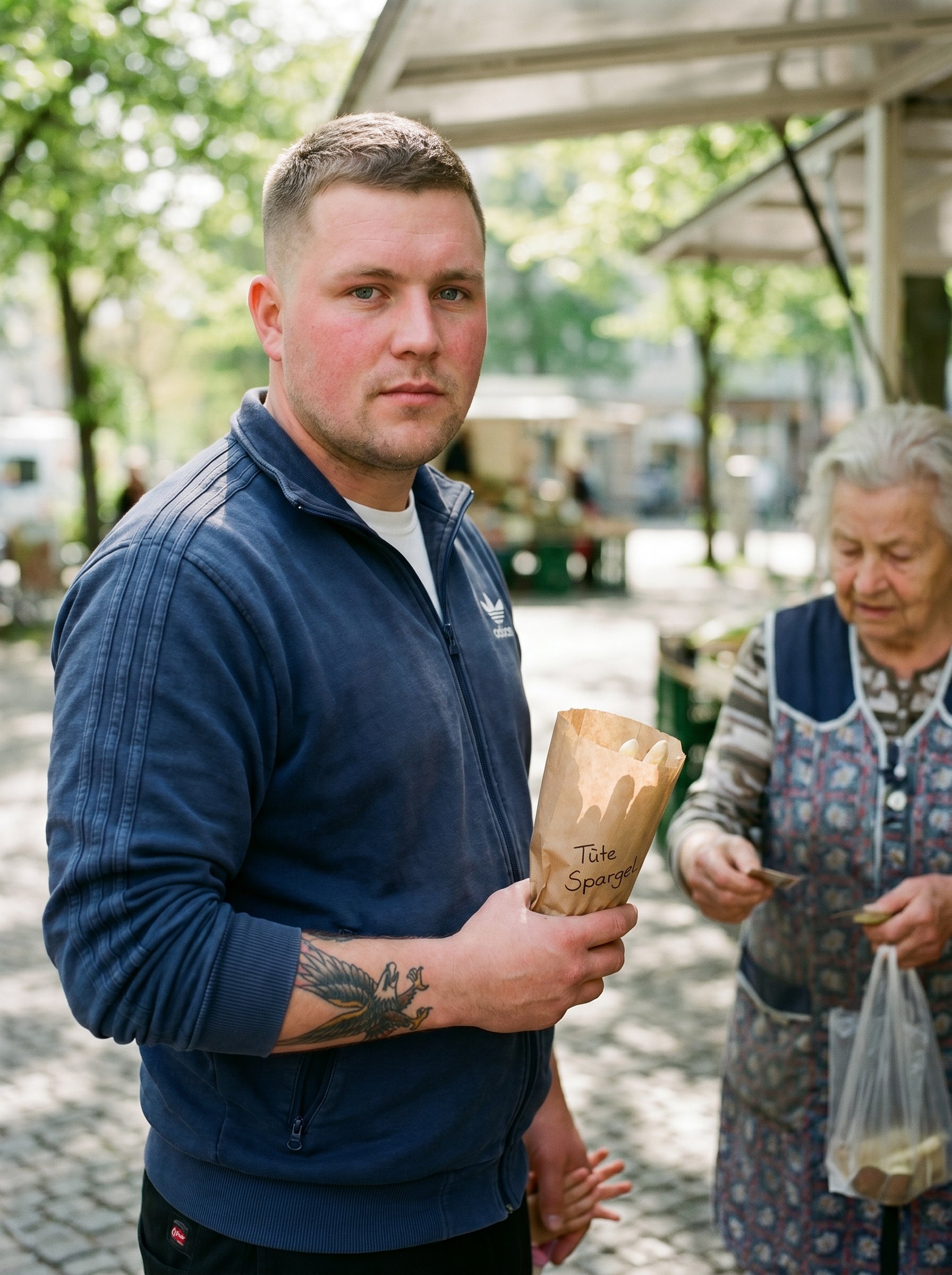 Closeup-portrait three-quarter same subject as portrait-tight, soft Saturday-Mittag Boxhagener-Markt-light through the Linden-shade above, he stands at the Bauer-Brandenburg-Stand with a Tüte-Spargel in one hand plus his three-year-old daughter Mathilda's hand in the other (just her small fingers visible at his hip, NOT her face), the Stand-Bäuerin Frau Schulze just visible right-of-frame mid-distance handing him change, eye-contact direct