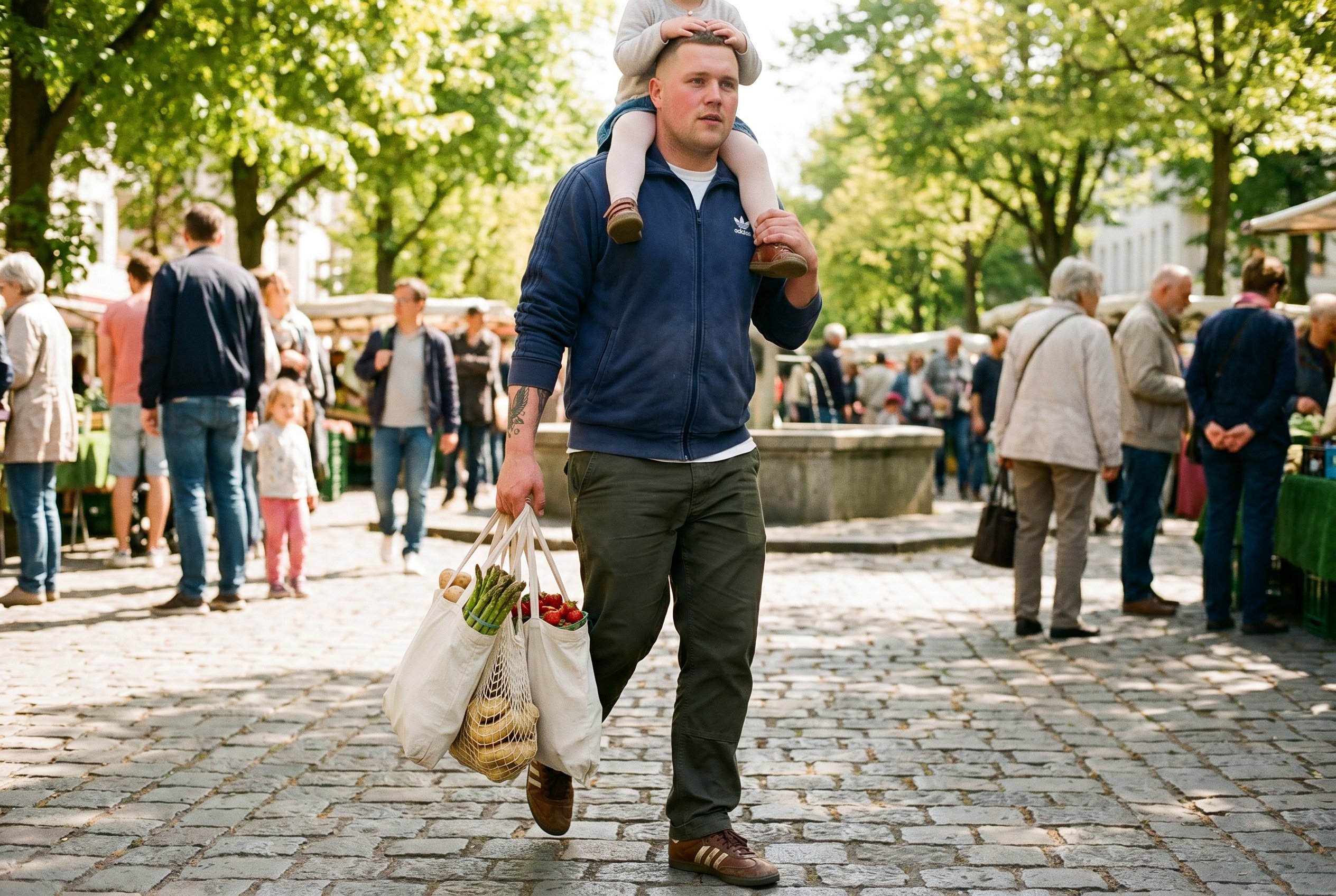 Context frame at the Boxhagener-Platz Samstag-Wochenmarkt 13:15, same subject mid-route through the Wochenmarkt-Stände with the Linden-shaded cobblestones underfoot plus three filled stoff-Einkaufstaschen in his left hand (Spargel, Kartoffeln, Erdbeeren visible) plus his daughter Mathilda on his shoulders (only her legs plus small hands gripping his head visible, face NOT shown for child-protection), the Markt-Brunnen visible mid-distance plus the typical Friedrichshain-Born-Familien-Cohort plus the Berliner-Born-Rentner-Cohort moving in soft-blurred crowd, the Saturday-Mittag-Berliner-Light warm
