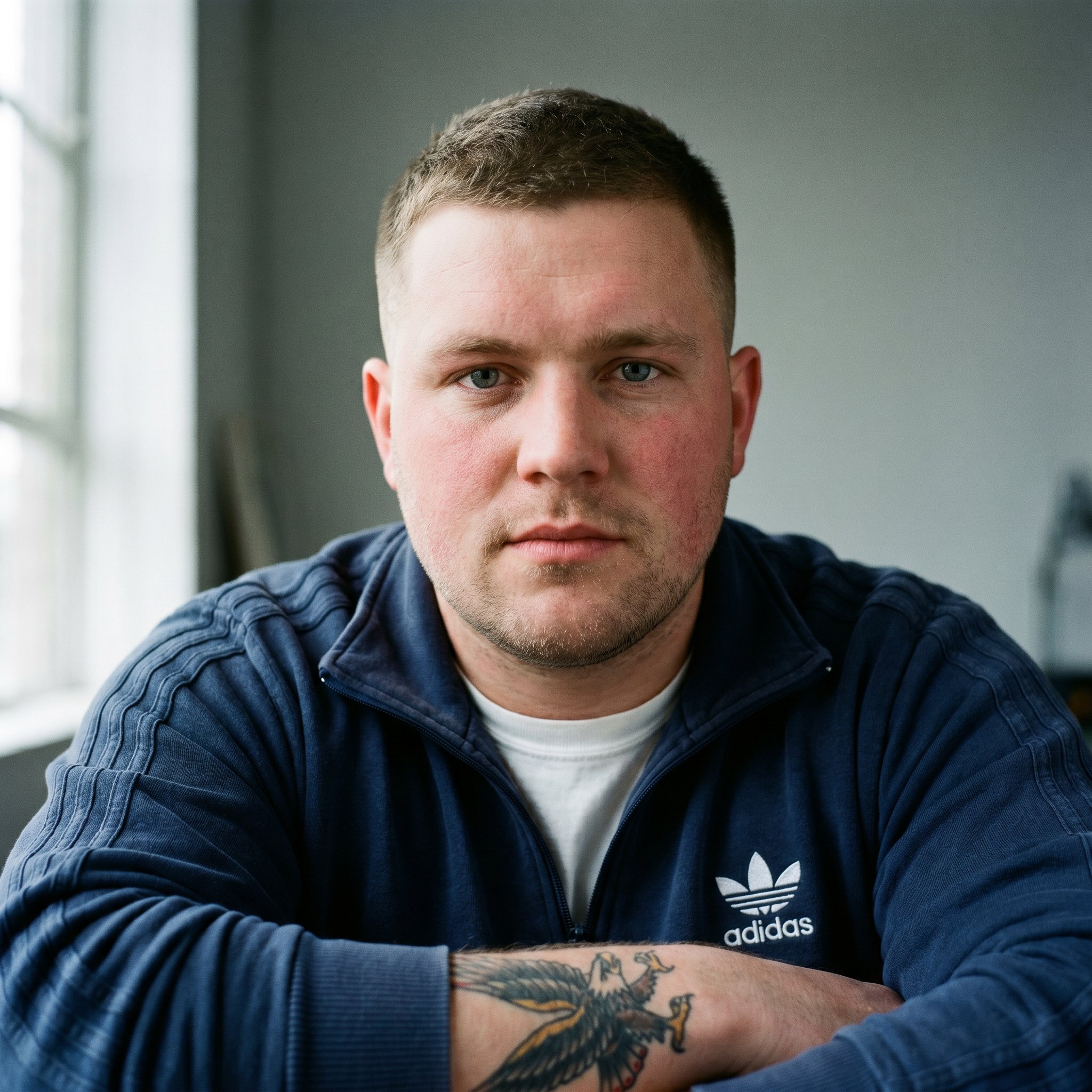 Portrait-Tight Frame, 1:1 frontal, neutral background, Tom Pieper 27 Berlin-Friedrichshain Klempner-Junior Pieper-Familien-Betrieb dritte Generation, calm direct eye contact, cropped fade haircut dark blond, faded Adidas-Originals-Trefoil-Track-Top navy over plain white T, old-school eagle tattoo on the right forearm visible at the cuff, the slight ruddy-cheek of a man who works outdoors plus the Berliner-Born-jaw-line