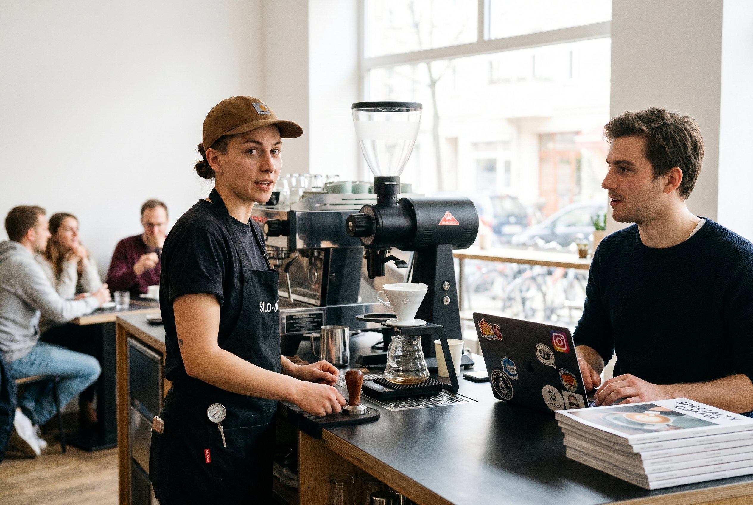 Context frame at the Silo-Coffee Boxhagener-Eck Saturday 14:30, same subject mid-Service-Slot at the bar-station with a Cohort-customer mid-conversation about Cup-of-Excellence-Origin-Roasts (the customer a late-twenties-male Berliner-Tertiary-Junior-Cohort with a Macbook-Pro-stickered plus a stack of Specialty-Coffee-Magazines visible right-of-frame), the LaMarzocco-Linea-PB plus the Hario-V60-Pour-Over-Station plus the Mahlkönig-EK43-Grinder all in the bar-station-Werk-Komposition, the Saturday-Nachmittag-Café-Innen-Light through the front-window soft, the typical Friedrichshain-Boxhagener-Eck-Specialty-Coffee-Cohort visible at three tables soft-blurred
