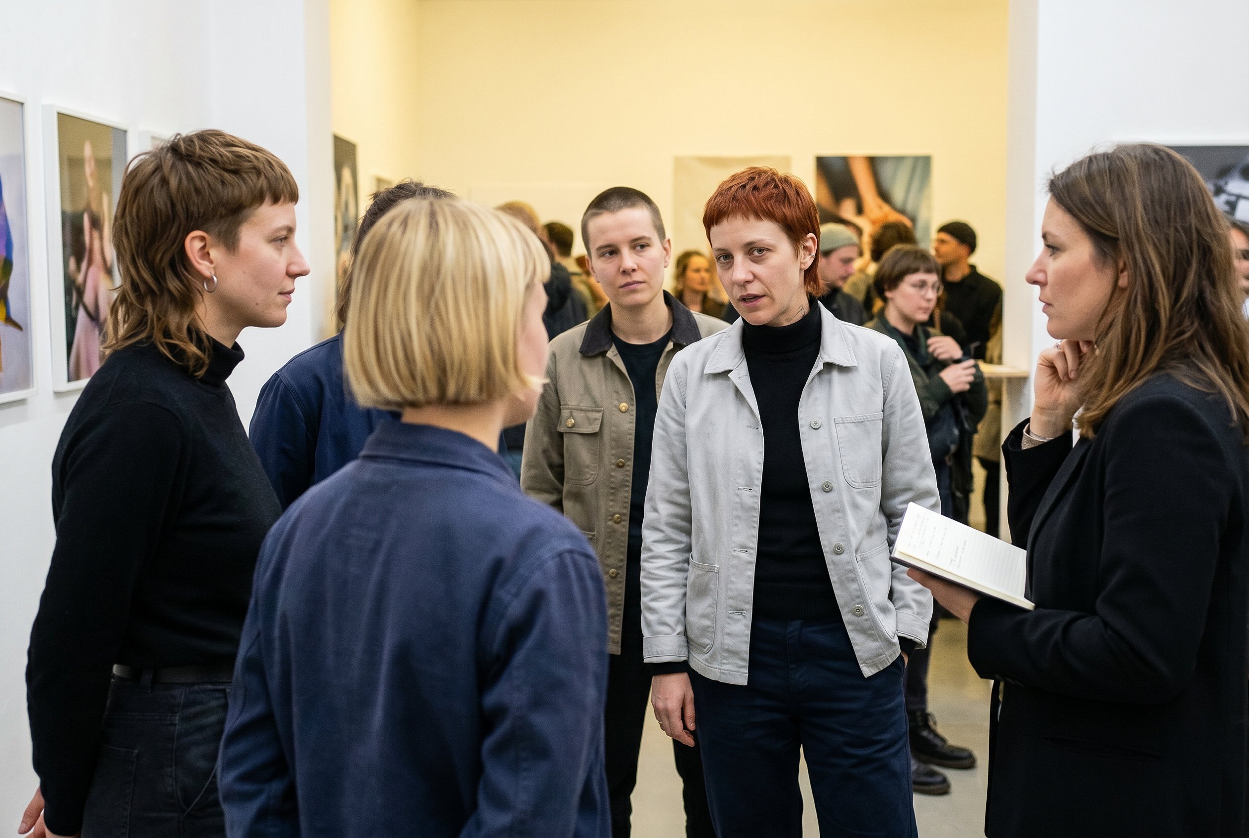 Context frame at the Body-Multiple-Festival Vernissage Leipziger Strasse 61 at 19:35 during the Eröffnungs-Reden-Phase, same subject mid-conversation with three Festival-Co-Initiator-Cohort-Members plus a journalist (the Festival-Co-Initiator-Cohort visible: two early-thirties-women plus one mid-thirties-non-binary-person all in similar Cohort-Surface-but-distinct-Werk-Linien-Uniforms, the Group at the side of the Festival-Eröffnungs-Halle with the Body-Multiple-Group-show-Works visible soft-blurred behind on the wall, the Vernissage-Cohort sparse plus typical Self-Organised-Art-Spaces-Festival-Cohort visible mid-distance), the Saturday-evening warm-yellow Festival-Innenlicht