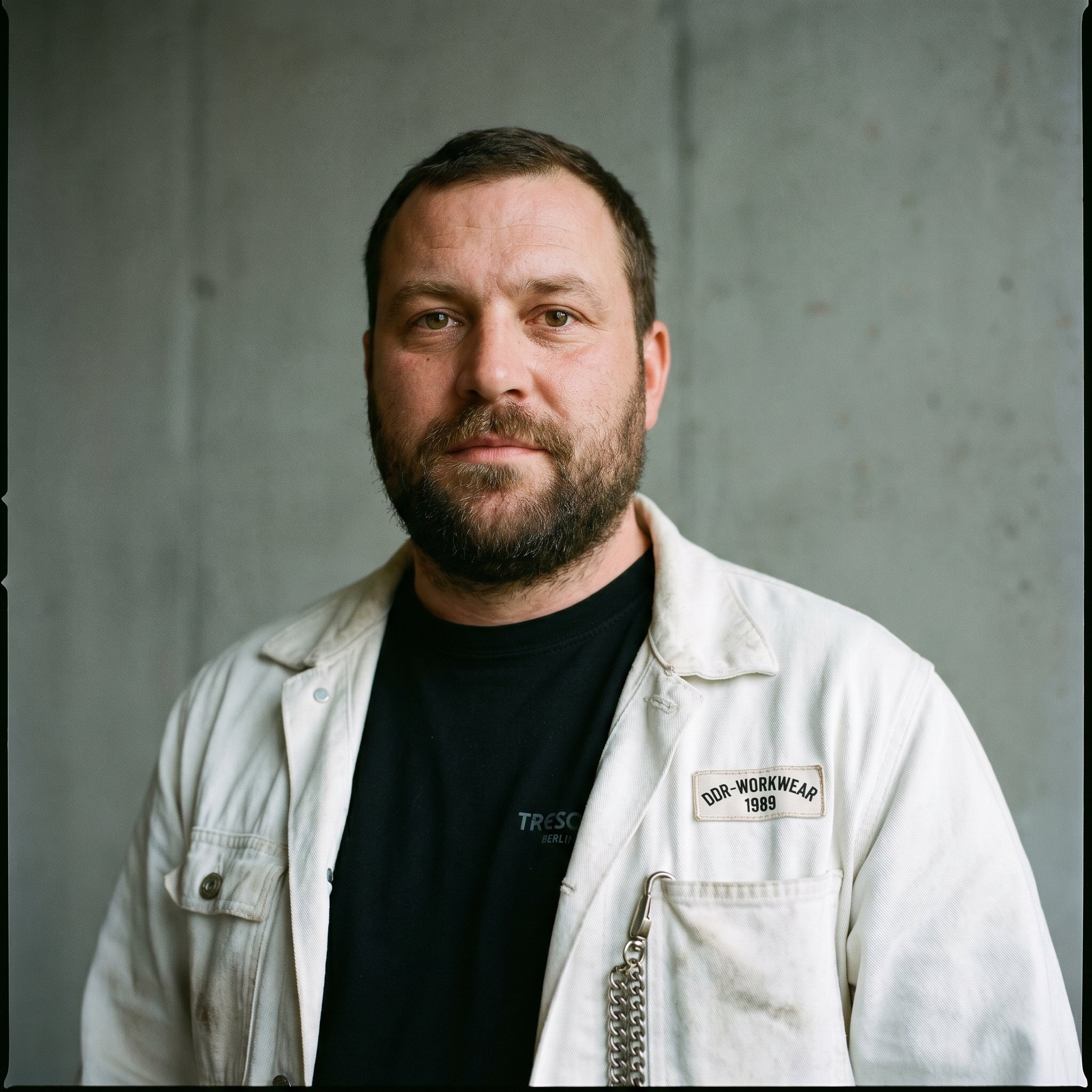 Portrait-Tight Frame, 1:1 frontal, neutral background, Mathias Engel 38 Berlin-Wedding Mauerpark-Vinyl-Reseller Berlin-Techno-First-Press-Sammler-Linie, calm watchful direct gaze, full short-trimmed dark-brown beard, white DDR-Carhartt-Replica work-jacket