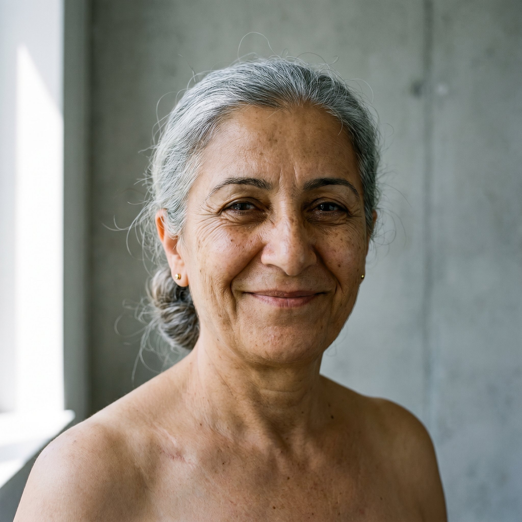 Establishing-Portrait Frame, 1:1 head-and-bare-shoulders Naked-Base, Selma Yıldız frontal direct-gaze, void neutral concrete-grey background, soft directional window light camera-left, 100%-from-text Subject-Lock anchor for all subsequent frames
