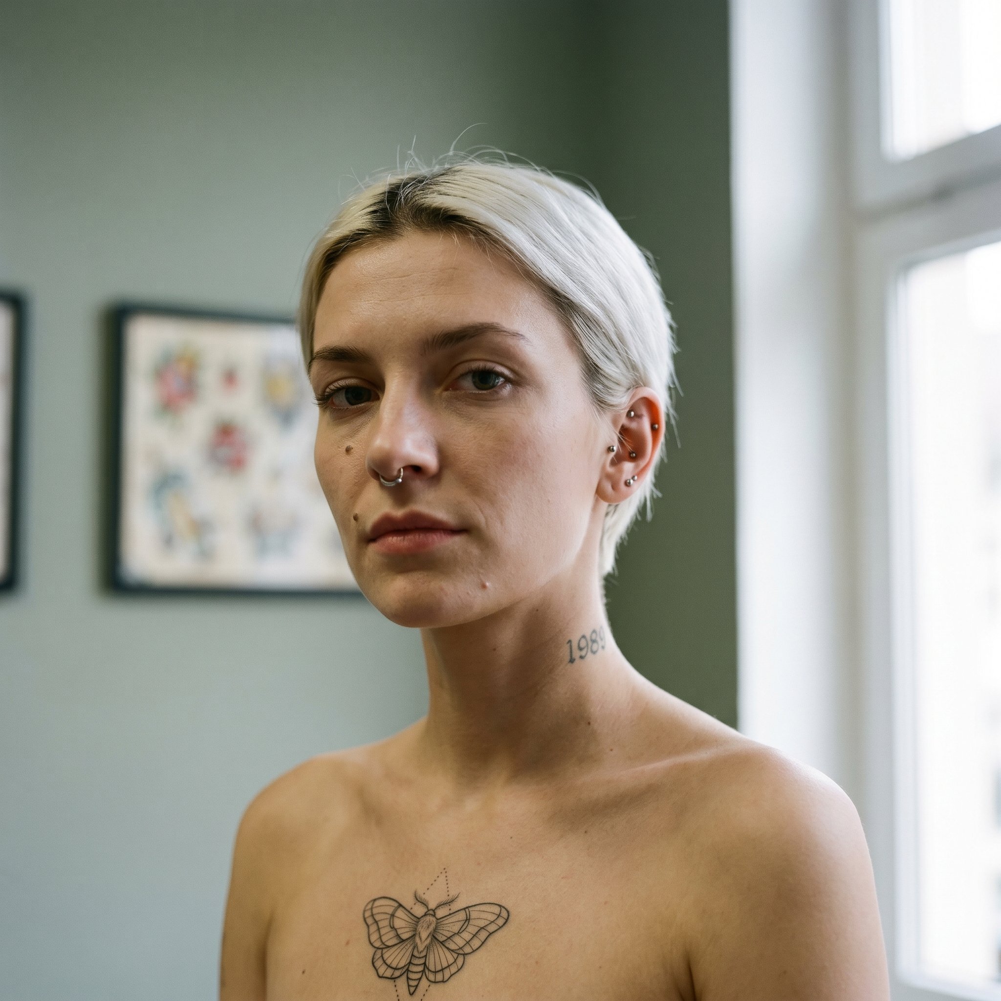 Establishing-Portrait Frame, 1:1 head-and-bare-shoulders Naked-Base, Jule Schimansky frontal direct-gaze, void desaturated-sage background, soft directional window light camera-right, 100%-from-text Subject-Lock anchor for all subsequent frames