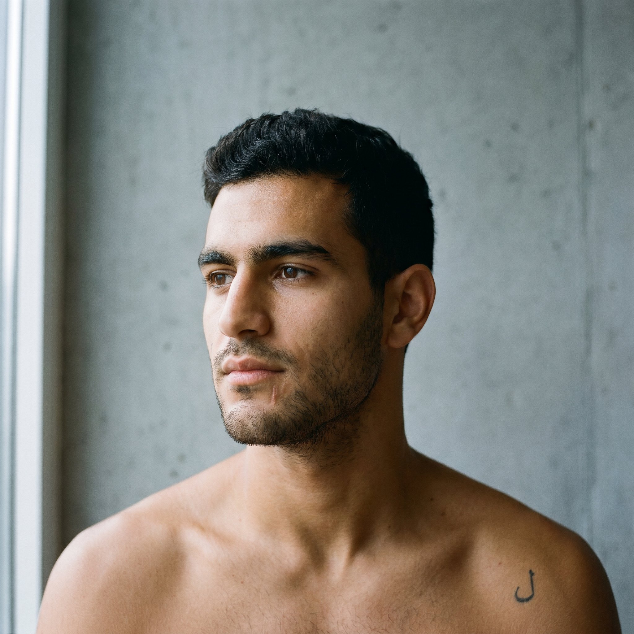 Establishing-Portrait Frame, 1:1 head-and-bare-shoulders Naked-Base, Karim Haddad-Wedeking frontal direct-gaze, void cool-concrete-grey Studio-Vorraum-wall, soft directional window light camera-left, small Mim-stick-and-poke at right shoulder visible, 100%-from-text Subject-Lock anchor for all subsequent frames