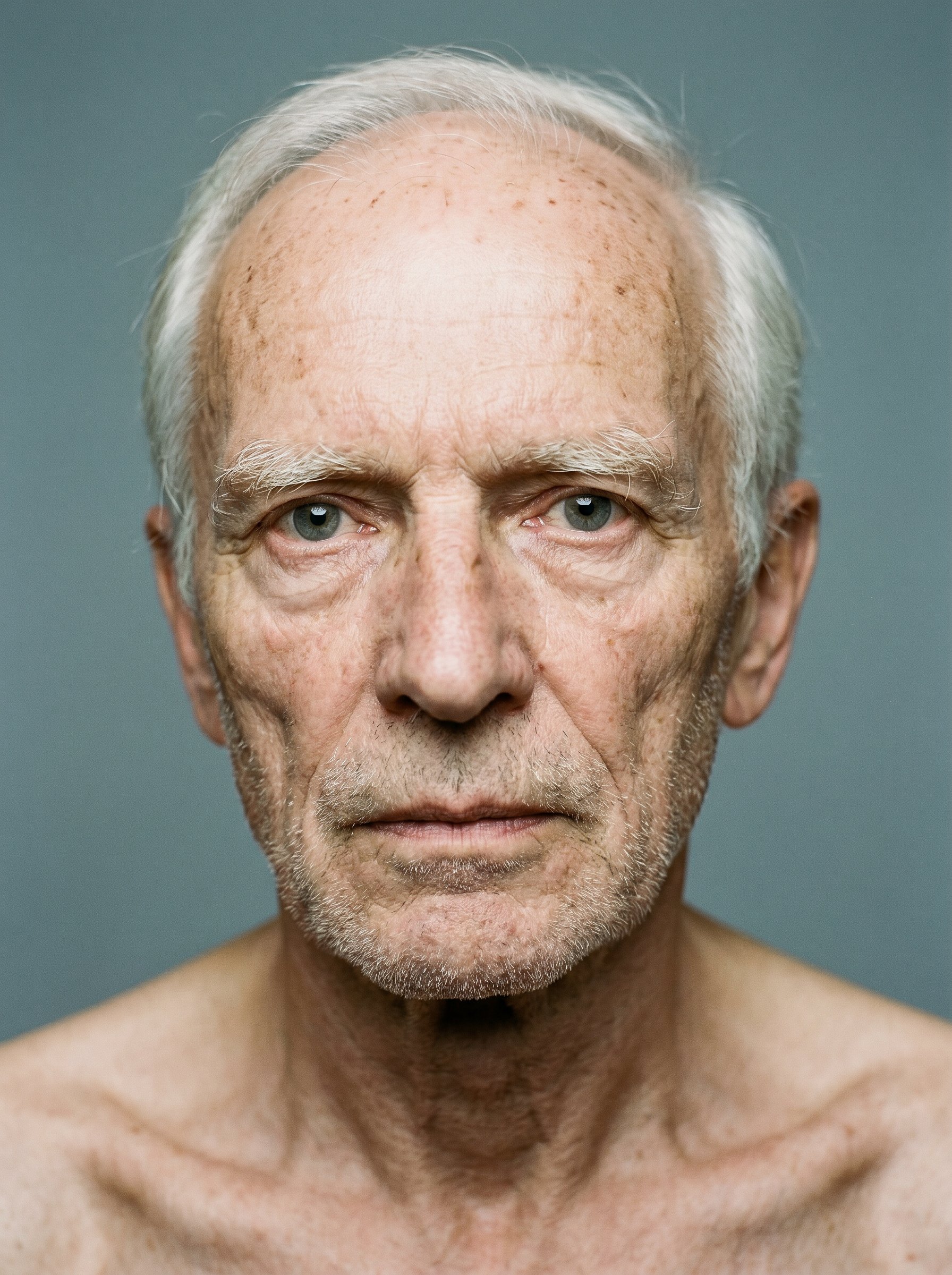Establishing-Portrait Frame, 3:4 head-and-bare-shoulders Naked-Base, Reinhard Patzelt near-frontal direct-gaze, cool mid-grey studio sweep, soft directional daylight camera-left, Subject-Lock anchor for all subsequent frames