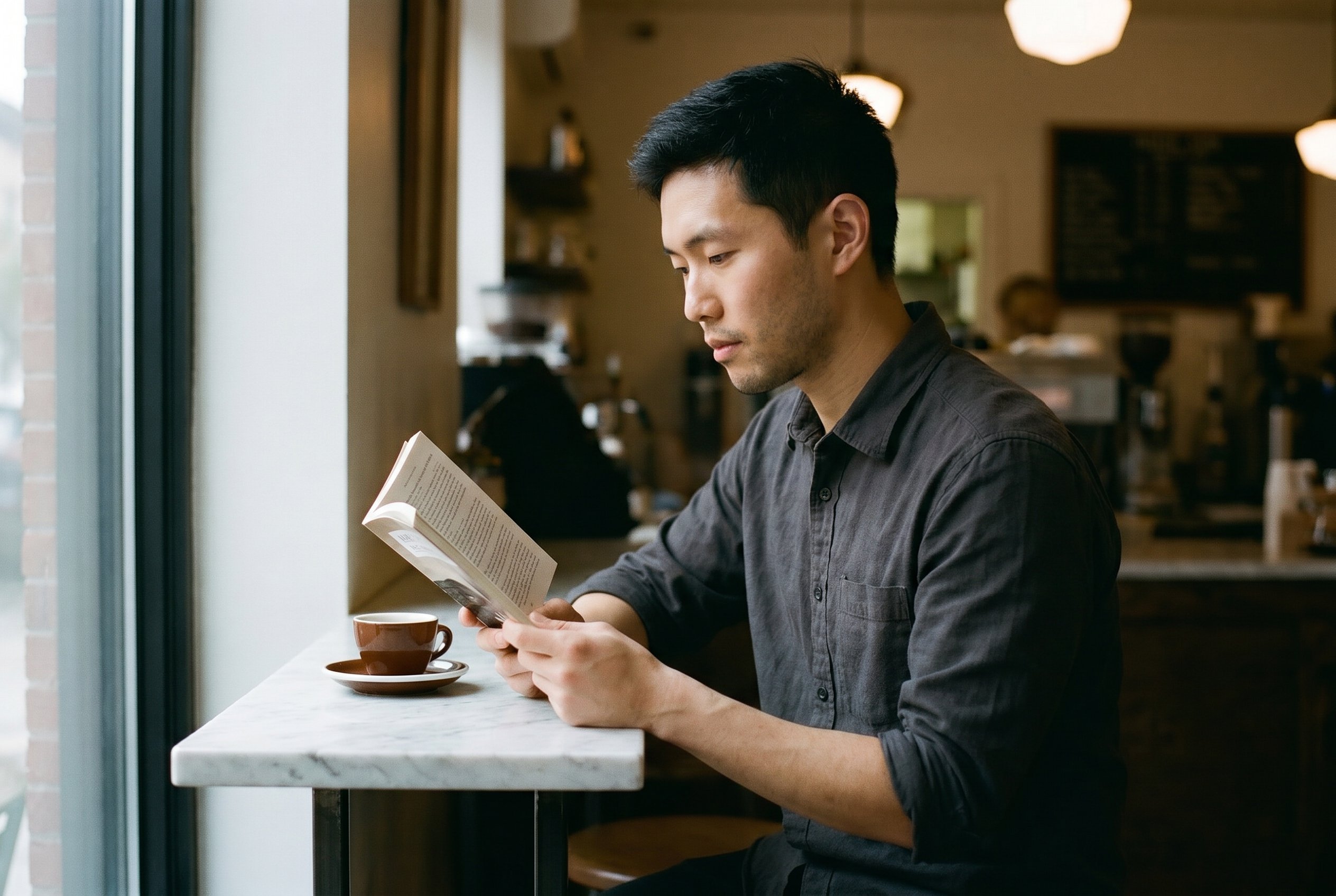 Reading at coffee-shop window